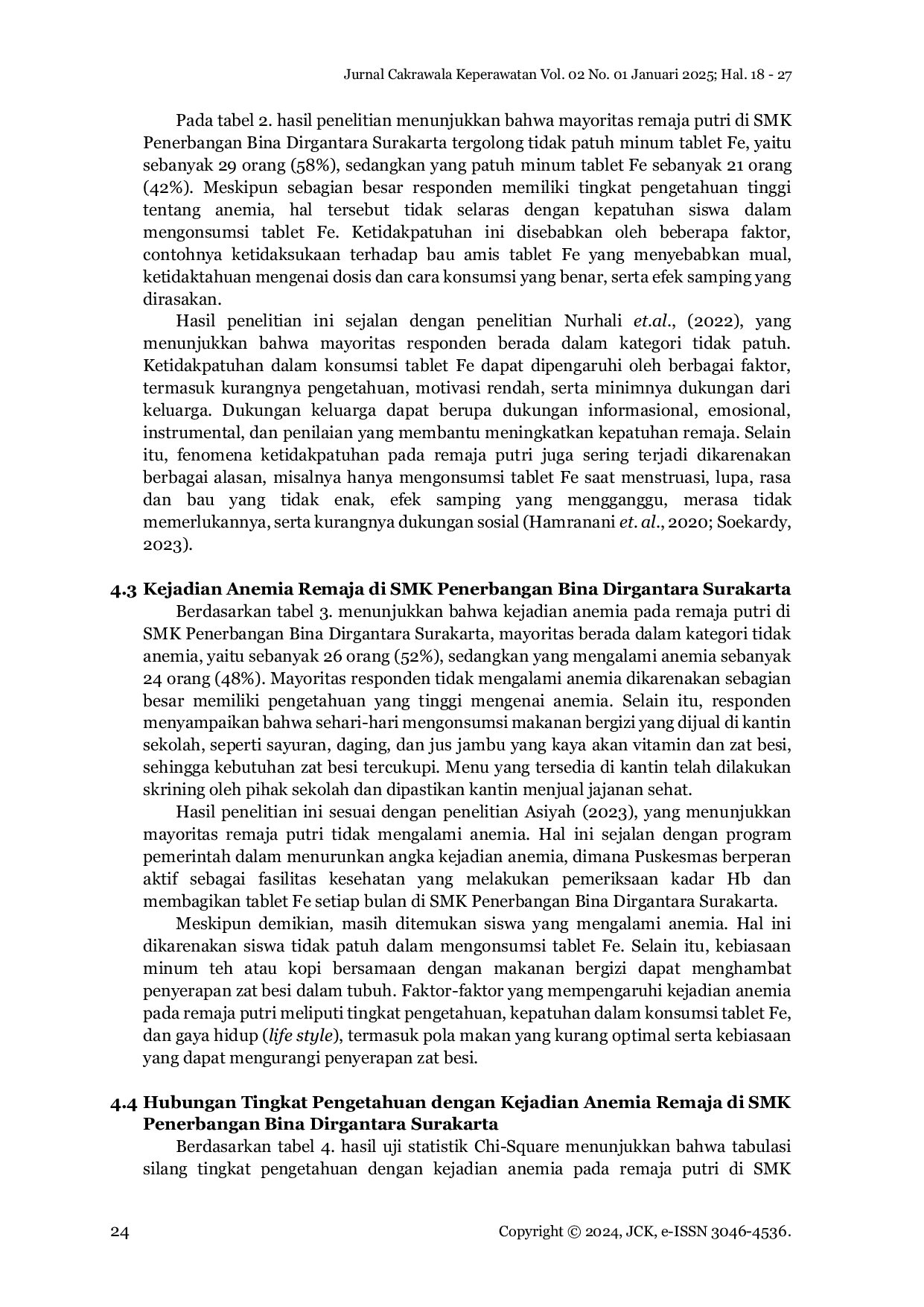 JURIS Hubungan Tingkat Pengetahuan dan Kepatuhan Minum Tablet Fe dengan Risiko Anemia pada Remaja Putri