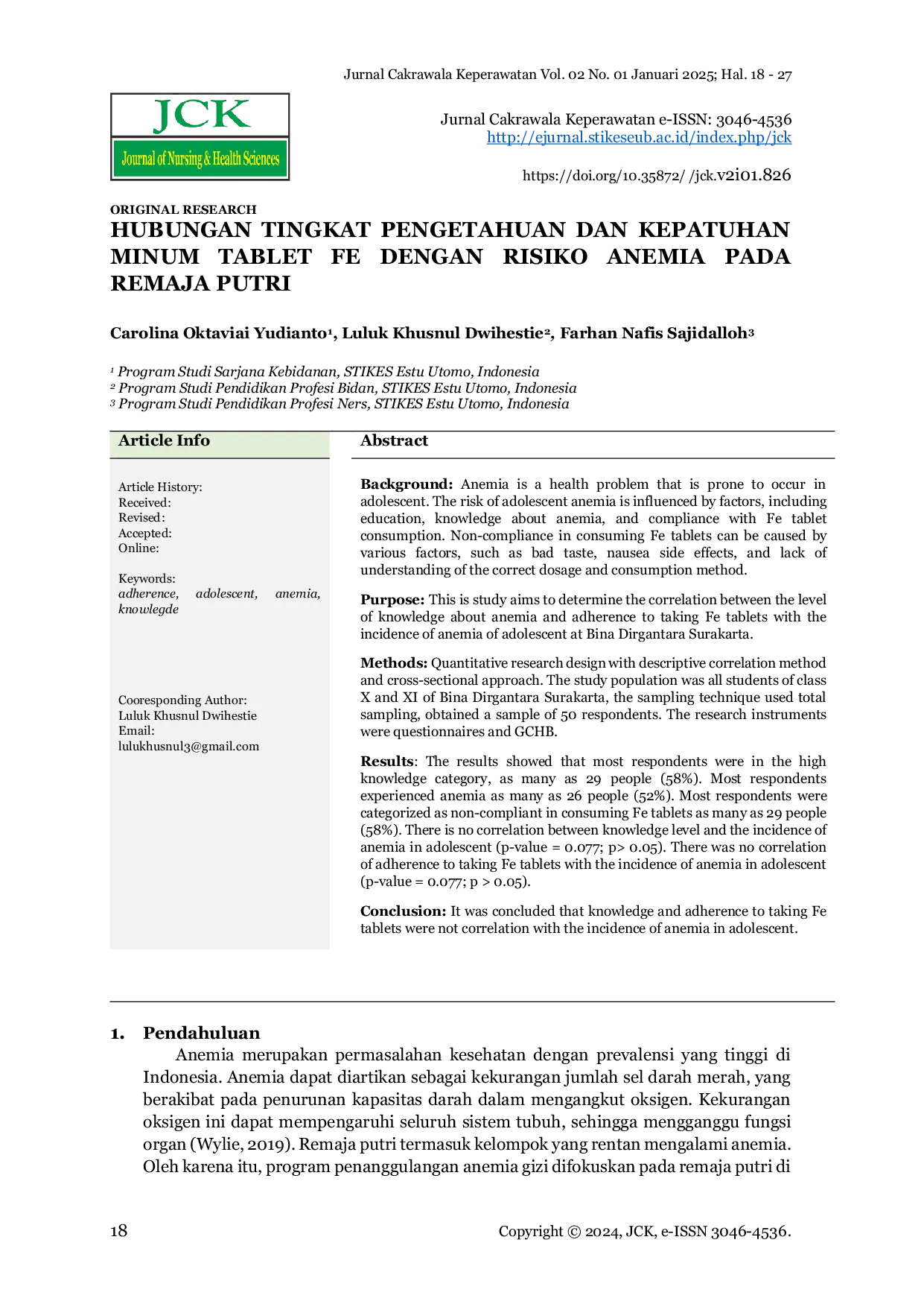 JURIS Hubungan Tingkat Pengetahuan dan Kepatuhan Minum Tablet Fe dengan Risiko Anemia pada Remaja Putri