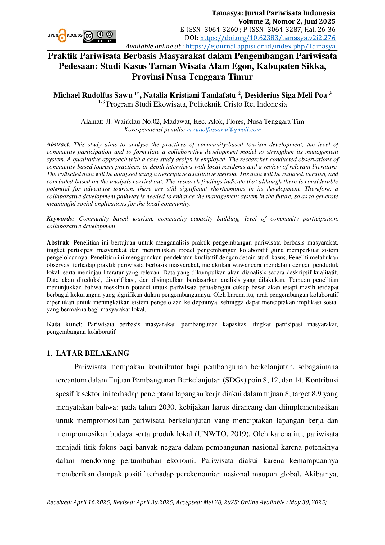 JURIS Praktik Pariwisata Berbasis Masyarakat dalam Pengembangan Pariwisata Pedesaan Studi Kasus Taman Wisata Alam Egon Kabupaten Sikka Provinsi Nusa Tenggara Timur