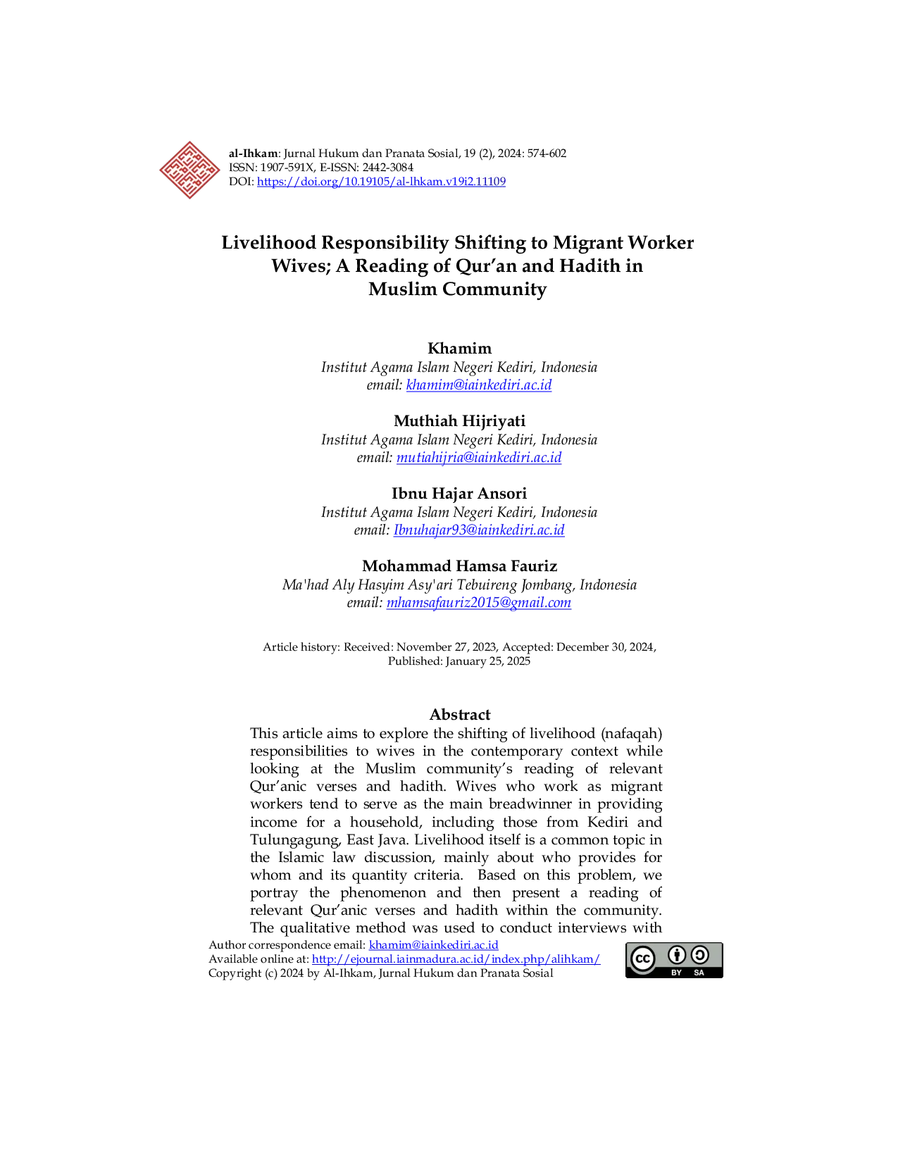 JURIS Livelihood Responsibility Shifting to Migrant Worker Wives A Reading of Qur an and Hadith in Muslim Community