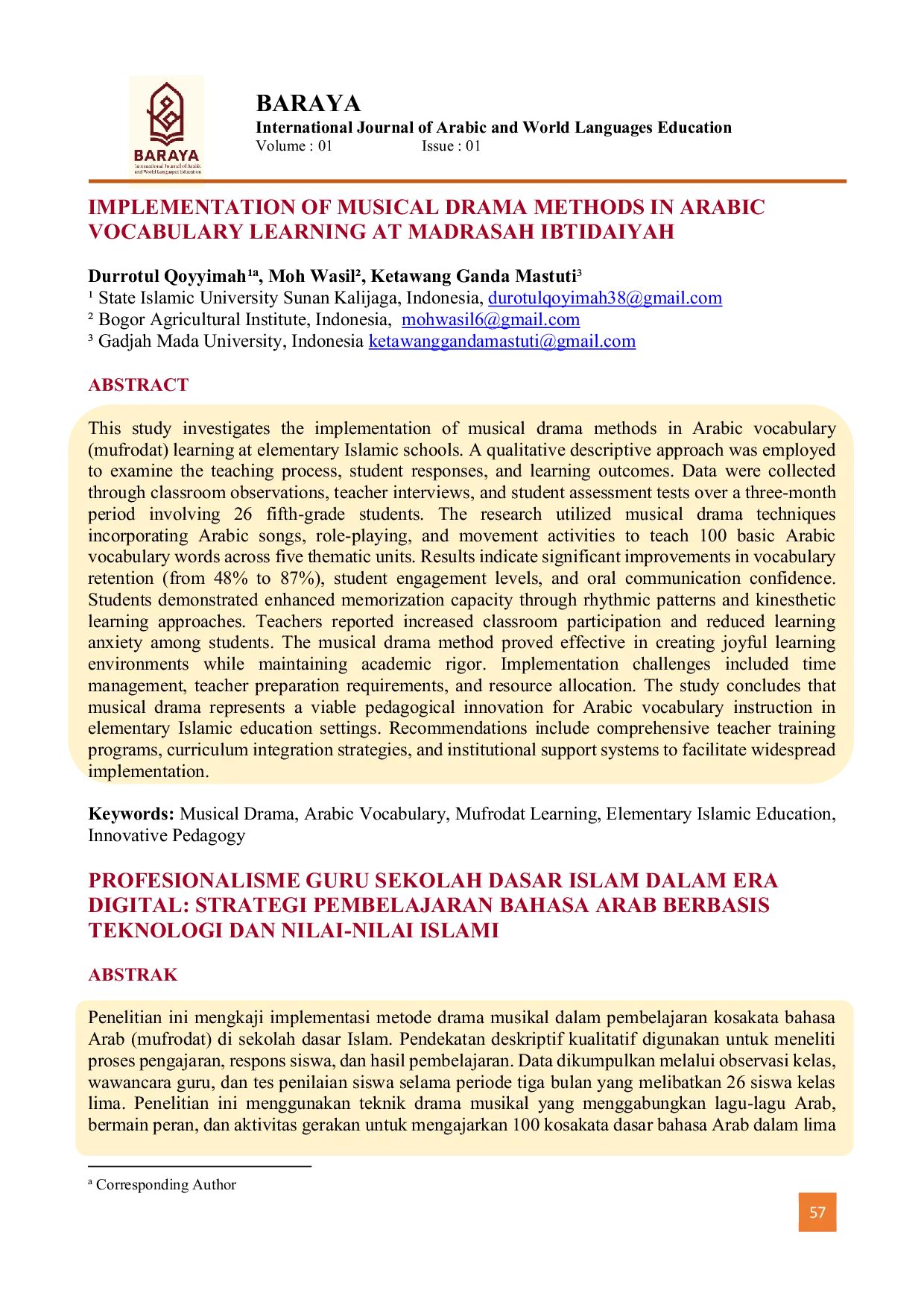 JURIS IMPLEMENTATION OF MUSICAL DRAMA METHODS IN ARABIC VOCABULARY LEARNING AT MADRASAH IBTIDAIYAH