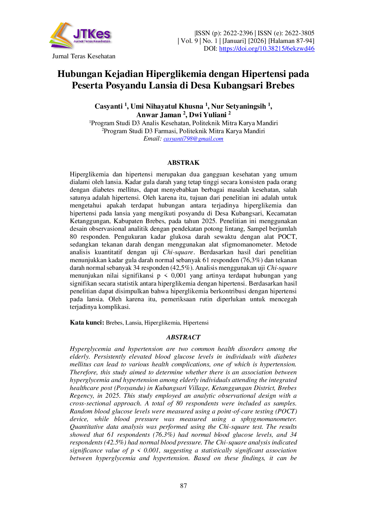JURIS Hubungan Kejadian Hiperglikemia Dengan Hipertensi Pada Peserta Posyandu Lansia Di Desa Kubangsari Brebes