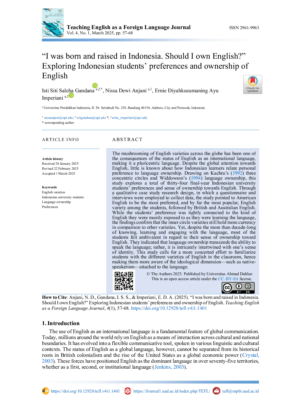 JURIS I was born and raised in Indonesia Should I own English Exploring Indonesian students preferences and ownership of English