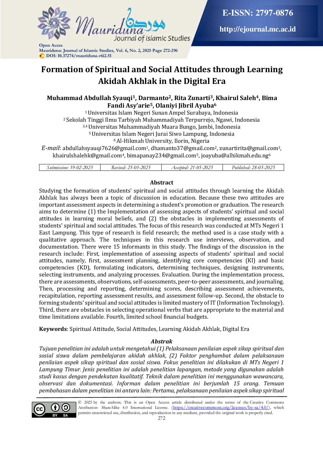 JURIS Formation of Spiritual and Social Attitudes through Learning Akidah Akhlak in the Digital Era