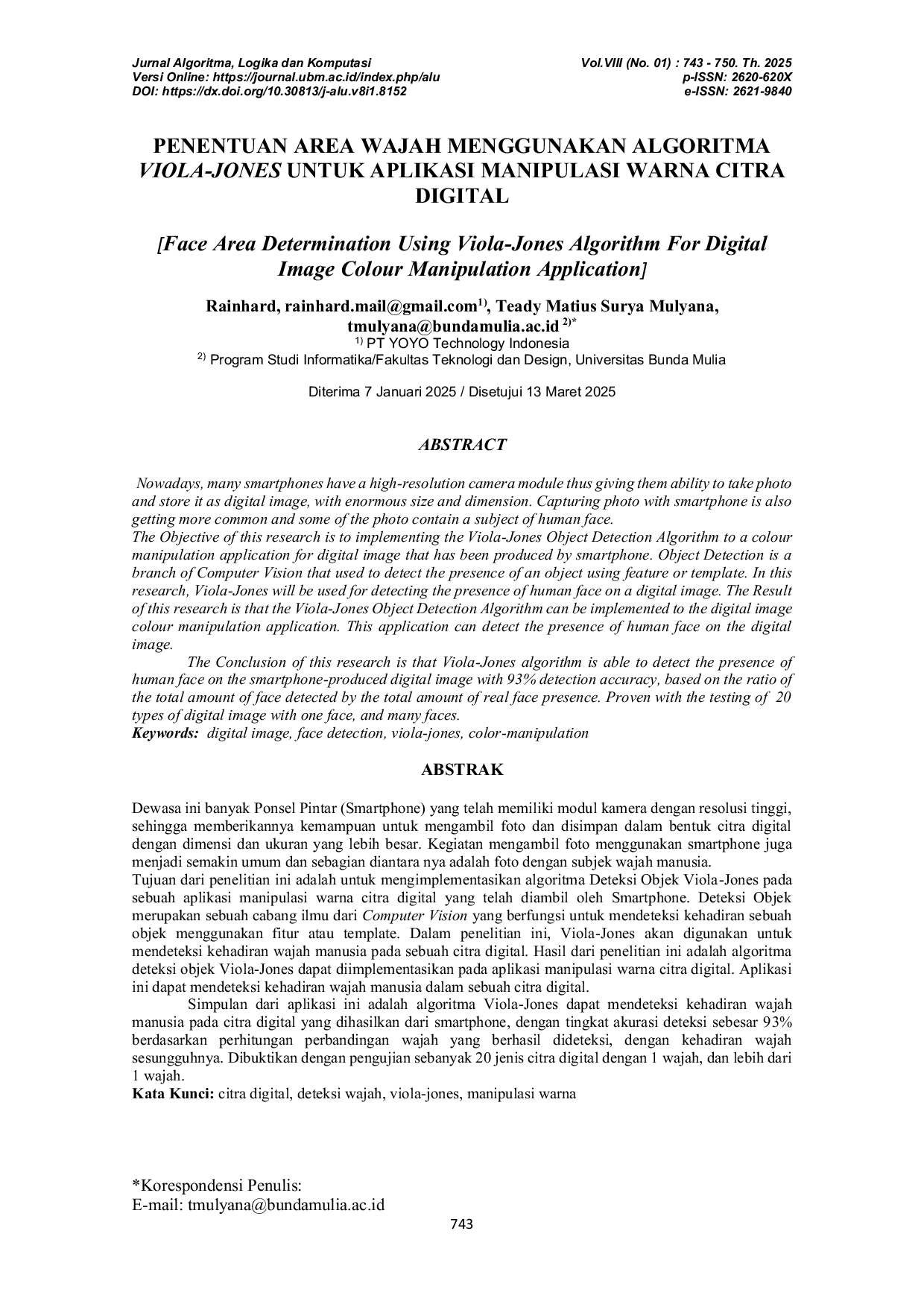 JURIS Penentuan Area Wajah Menggunakan Algoritma Viola Jones Untuk Aplikasi Manipulasi Warna Citra Digital