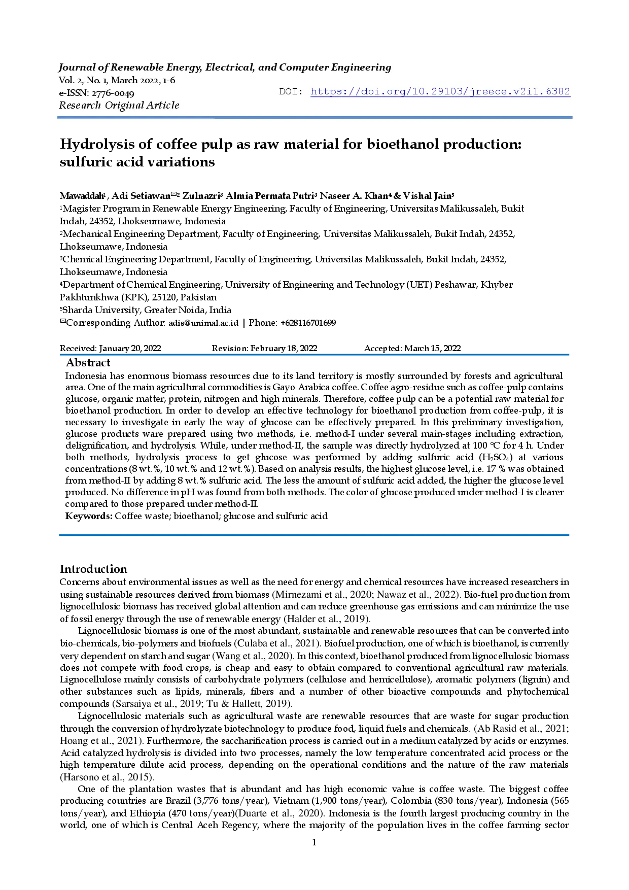 juris Hydrolysis of coffee pulp as raw material for bioethanol production sulfuric acid variations