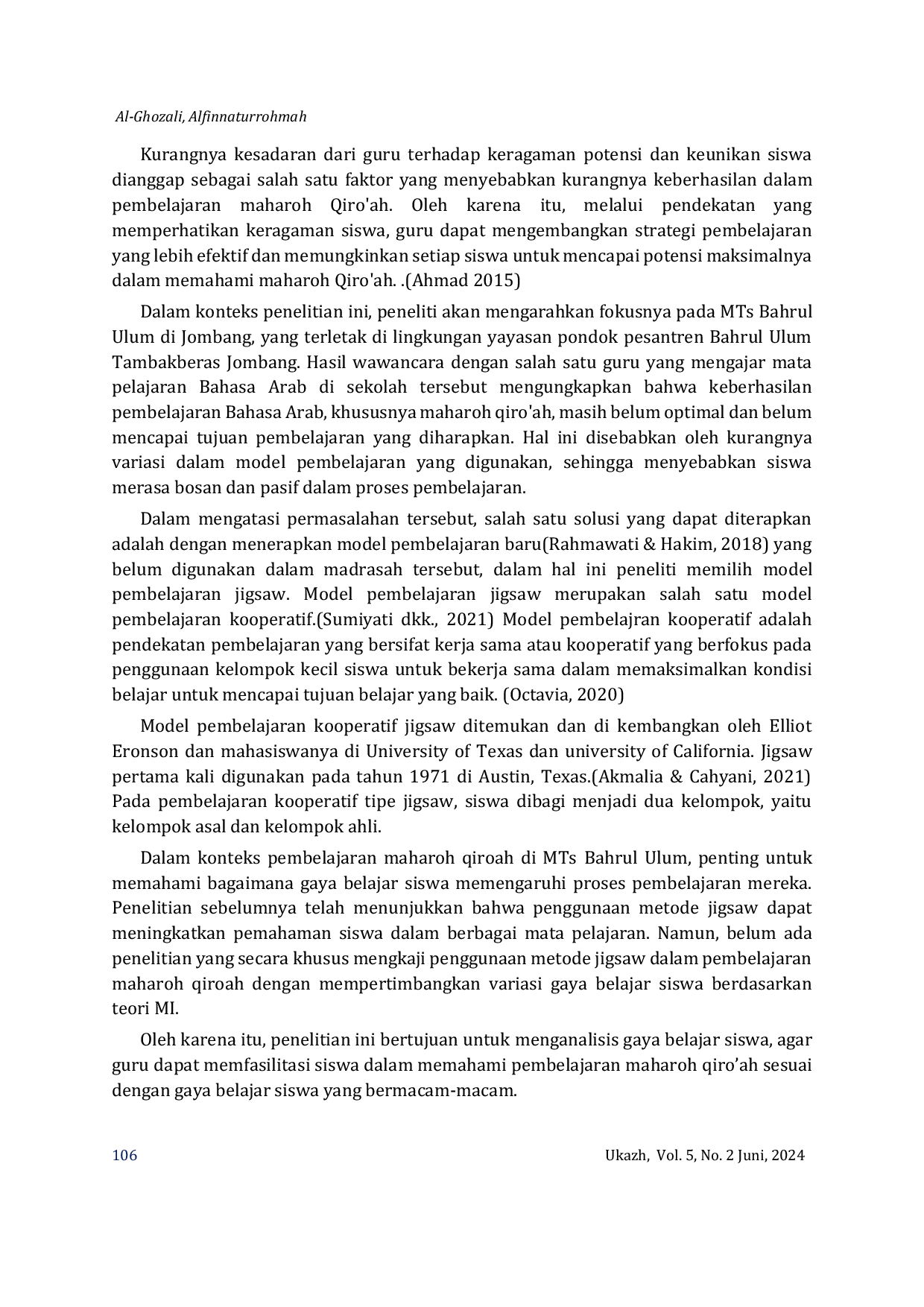 JURIS Analisis Gaya Belajar Siswa Dalam Pembelajaran Maharah Qiroah Dengan Metode Jigsaw