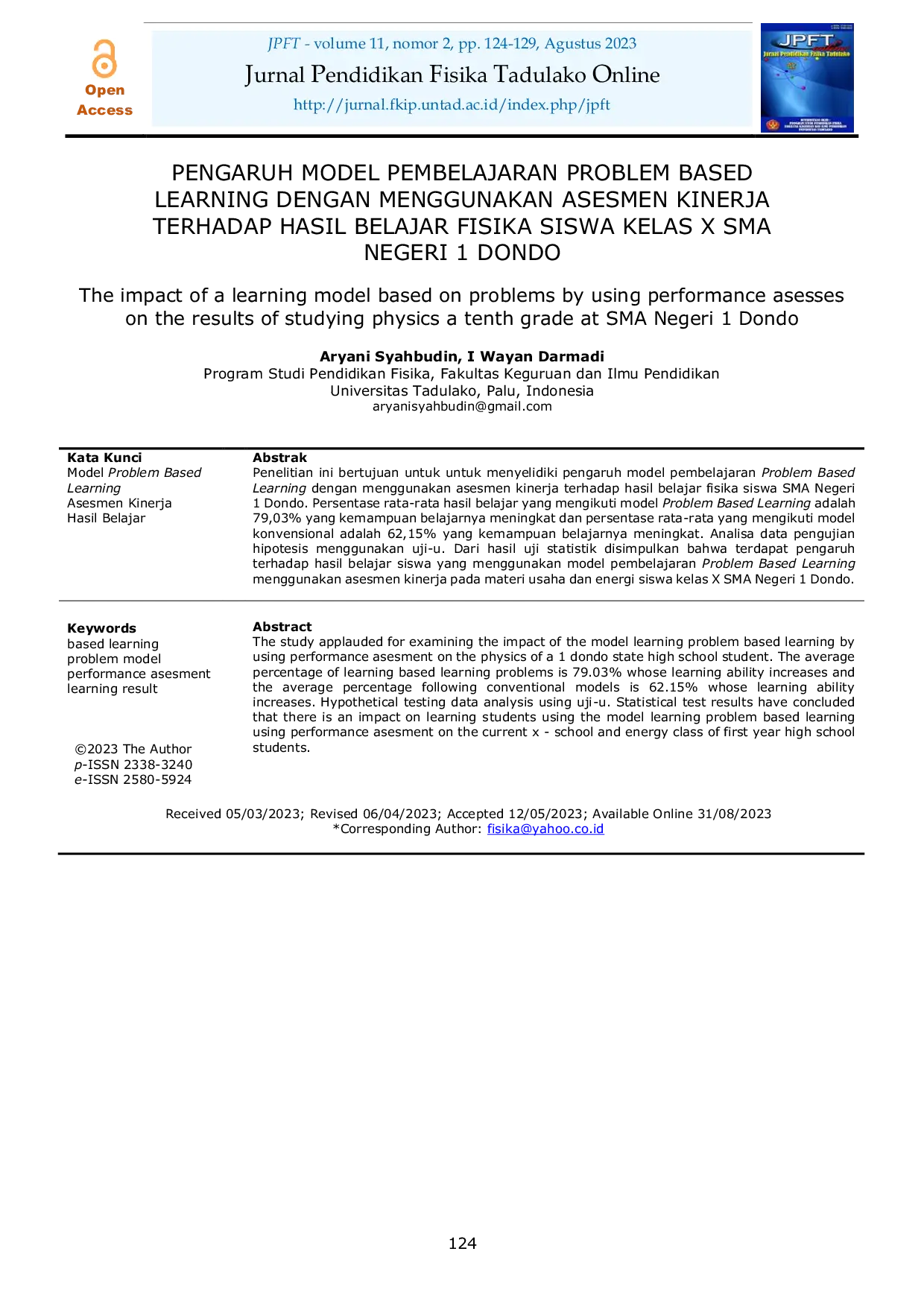 JURIS Pengaruh Model Pembelajaran Problem Based Learning dengan Menggunakan Asesmen Kinerja Terhadap Hasil Belajar Fisika Siswa Kelas X SMA Negeri 1 Dondo