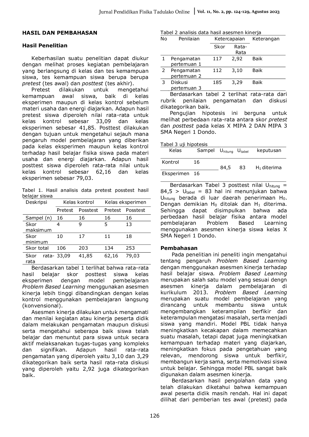 JURIS Pengaruh Model Pembelajaran Problem Based Learning dengan Menggunakan Asesmen Kinerja Terhadap Hasil Belajar Fisika Siswa Kelas X SMA Negeri 1 Dondo