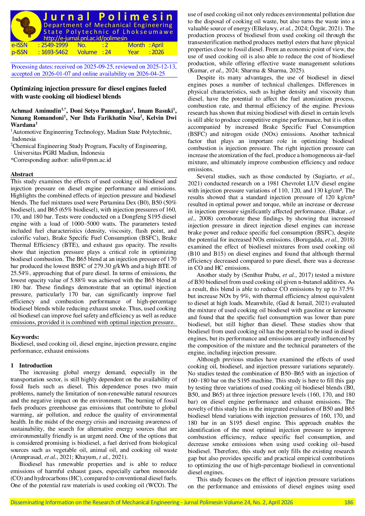 JURIS Optimizing injection pressure for diesel engines fueled with waste cooking oil biodiesel blends