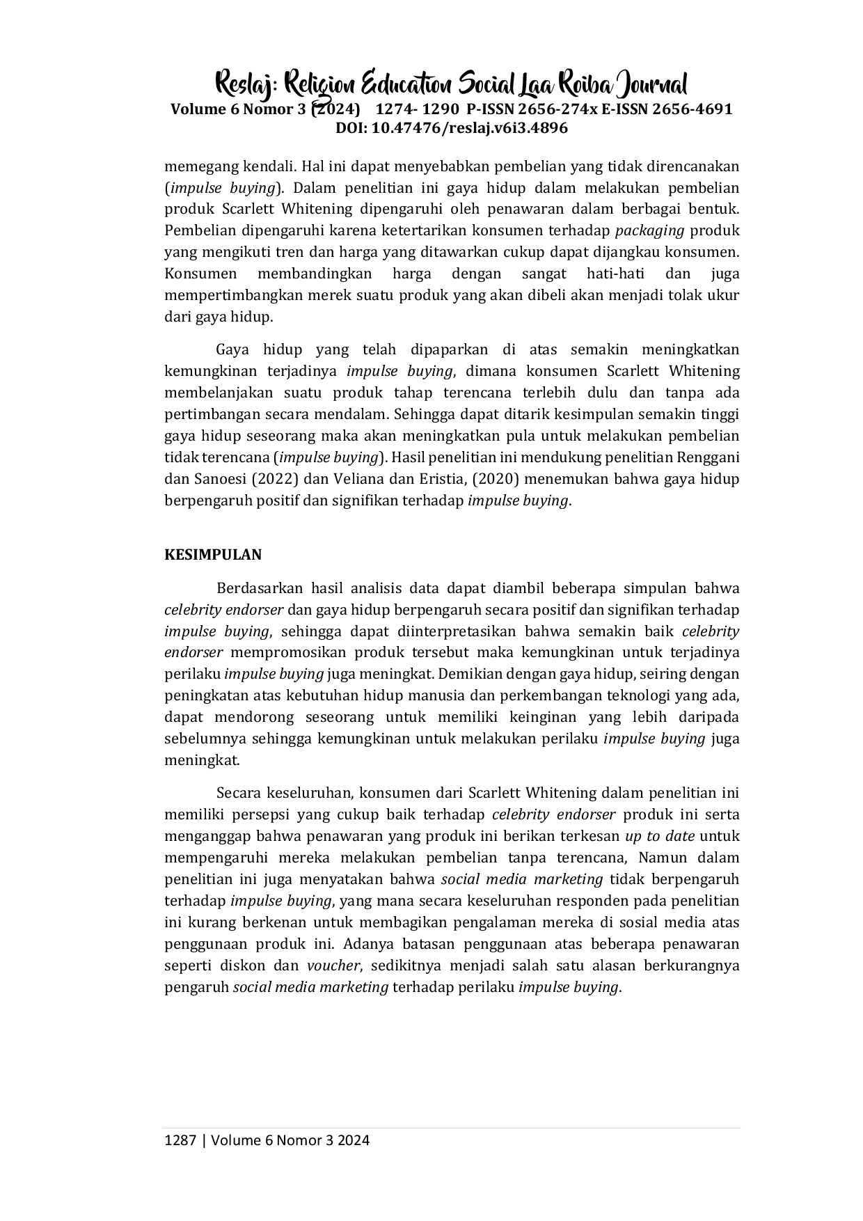 JURIS Peran Celebrity Endorser Social Media Marketing dan Gaya Hidup terhadap Impulse Buying Studi pada Pengguna Body Lotion Scarlet Whitening