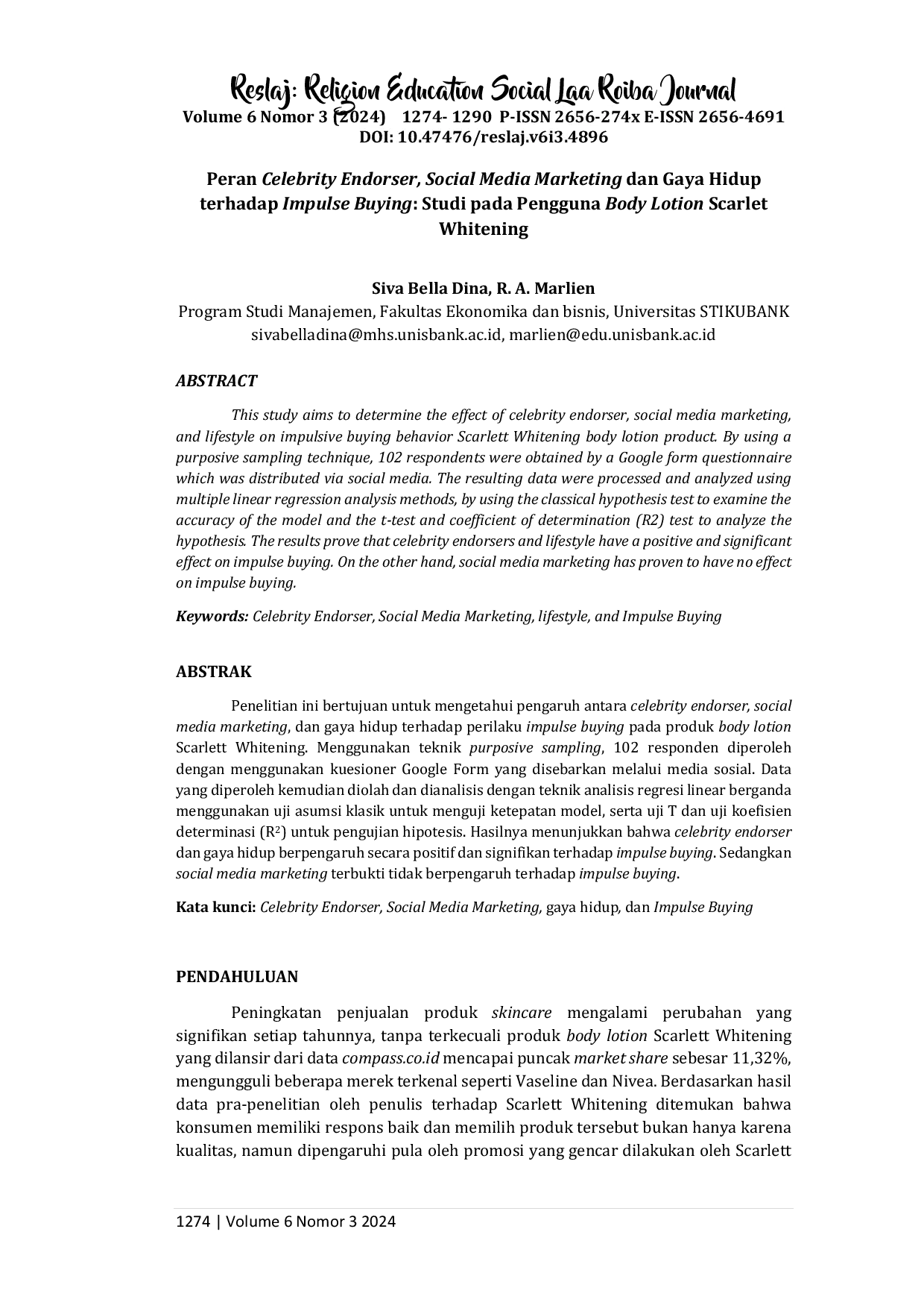 JURIS Peran Celebrity Endorser Social Media Marketing dan Gaya Hidup terhadap Impulse Buying Studi pada Pengguna Body Lotion Scarlet Whitening