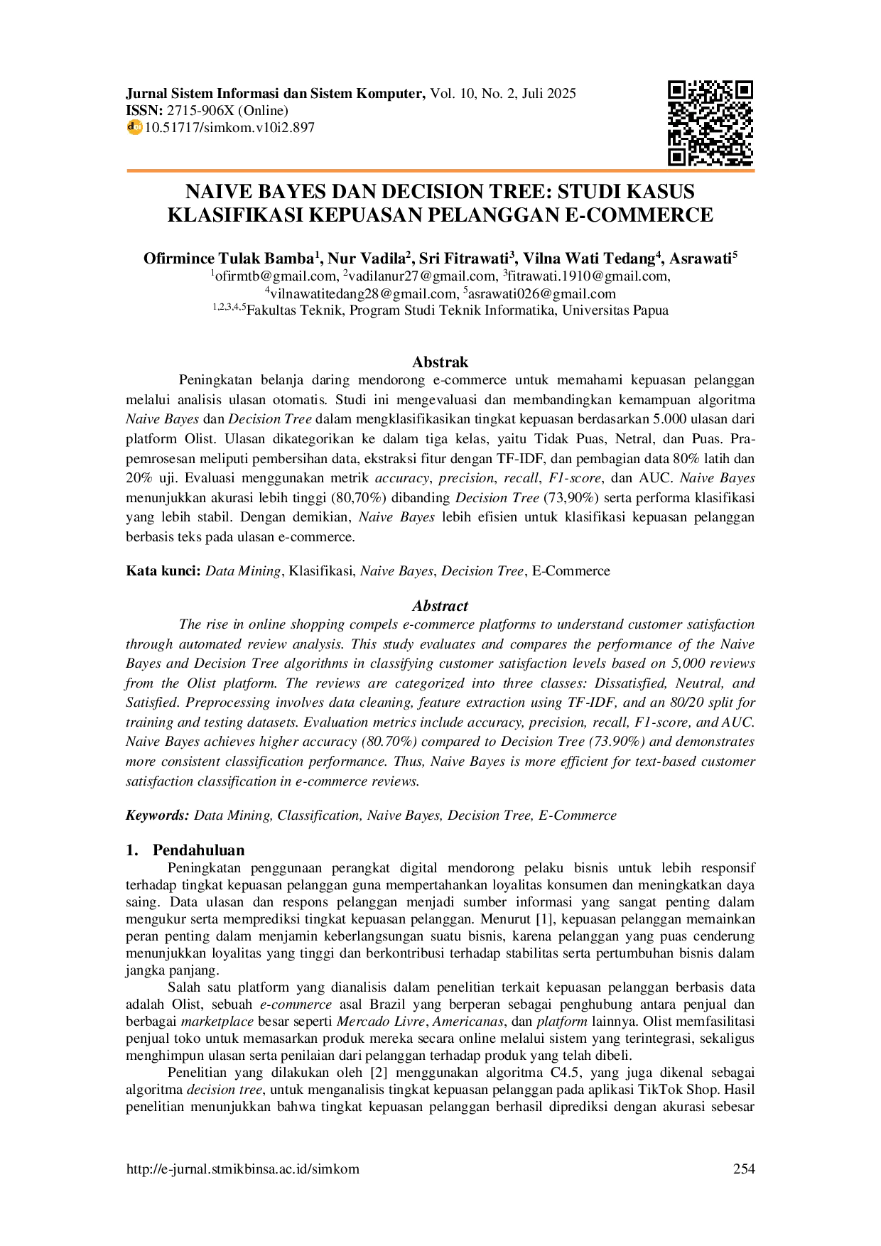 JURIS Naive Bayes dan Decision Tree Studi Kasus Klasifikasi Kepuasan Pelanggan E Commerce
