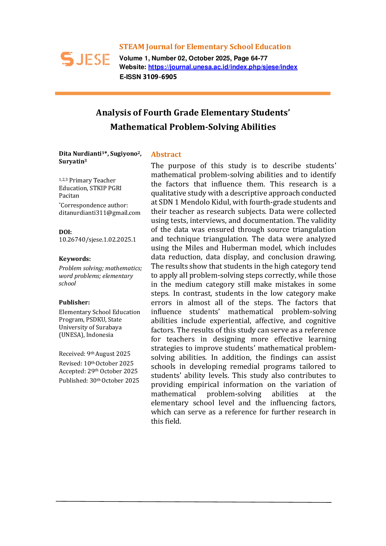 JURIS Analysis of Fourth Grade Elementary Students Mathematical Problem Solving Abilities