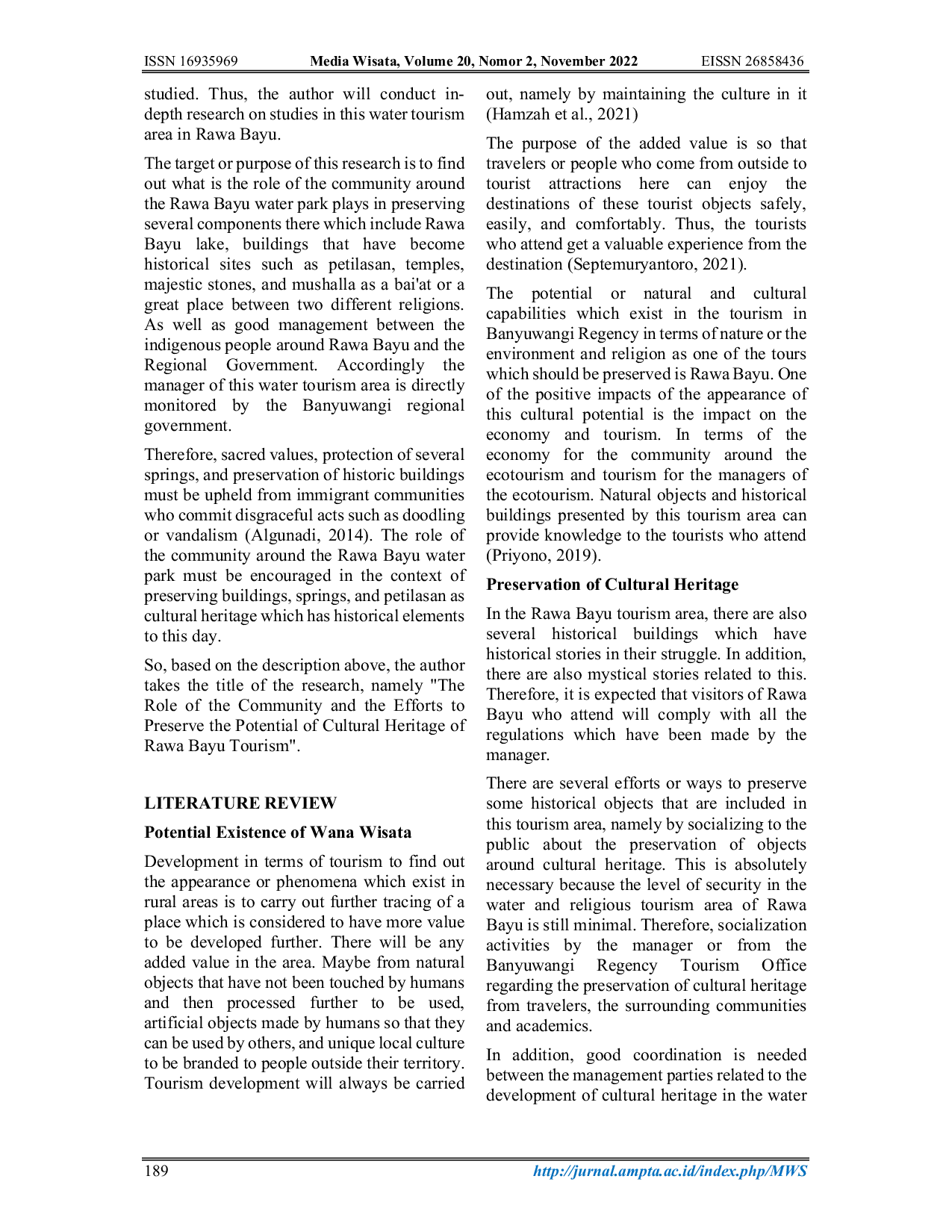 JURIS The Role of The Community and The Efforts to Preserve The Potential of Cultural Heritage of The Rawa Bayu Tourism
