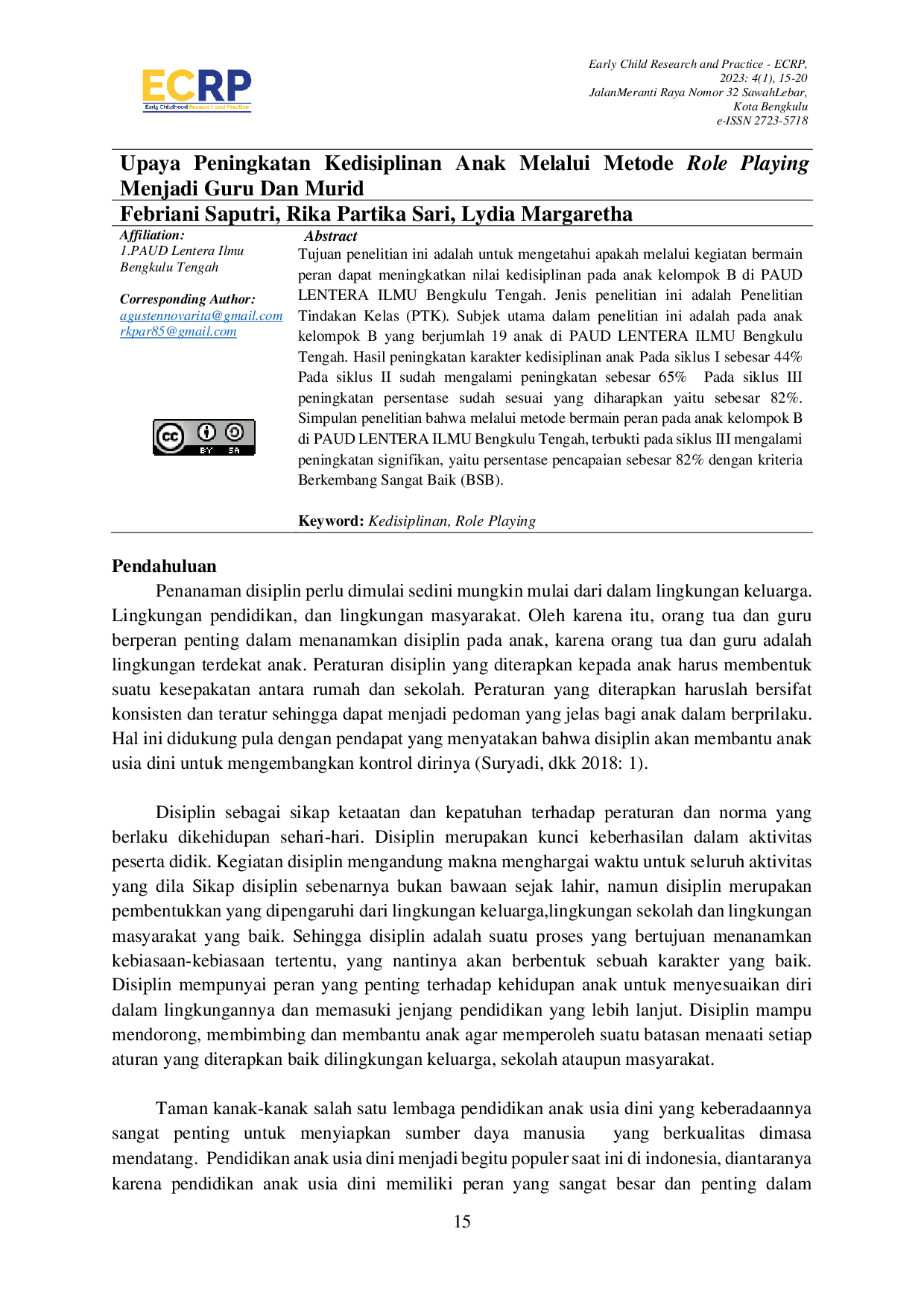 JURIS Upaya Peningkatan Kedisiplinan Anak Melalui Metode Role Playing Menjadi Guru Dan Murid