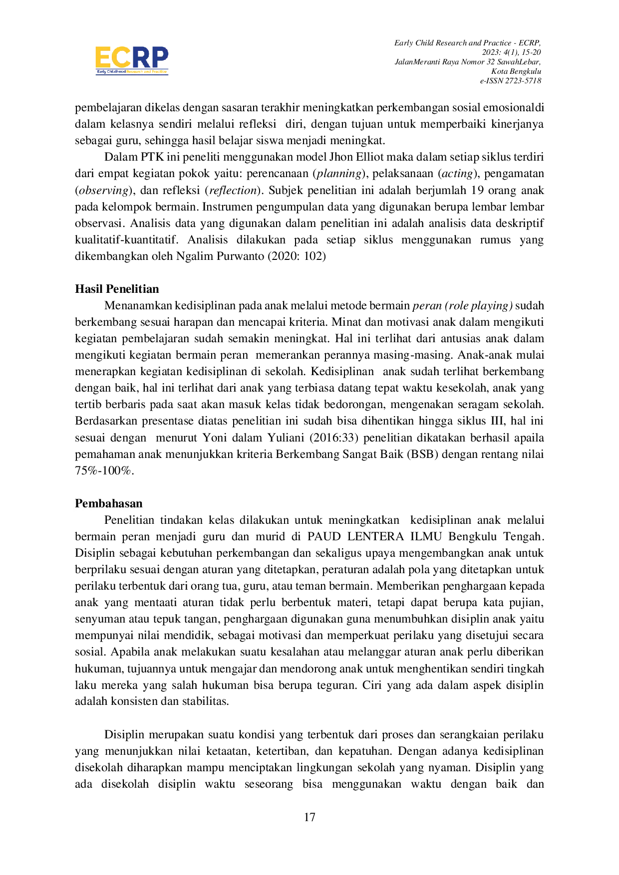 JURIS Upaya Peningkatan Kedisiplinan Anak Melalui Metode Role Playing Menjadi Guru Dan Murid