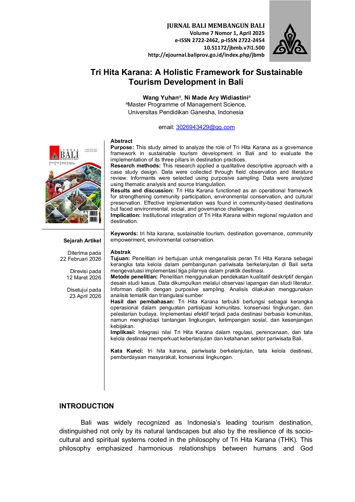 JURIS Tri Hita Karana A Holistic Framework for Sustainable Tourism Development in Bali