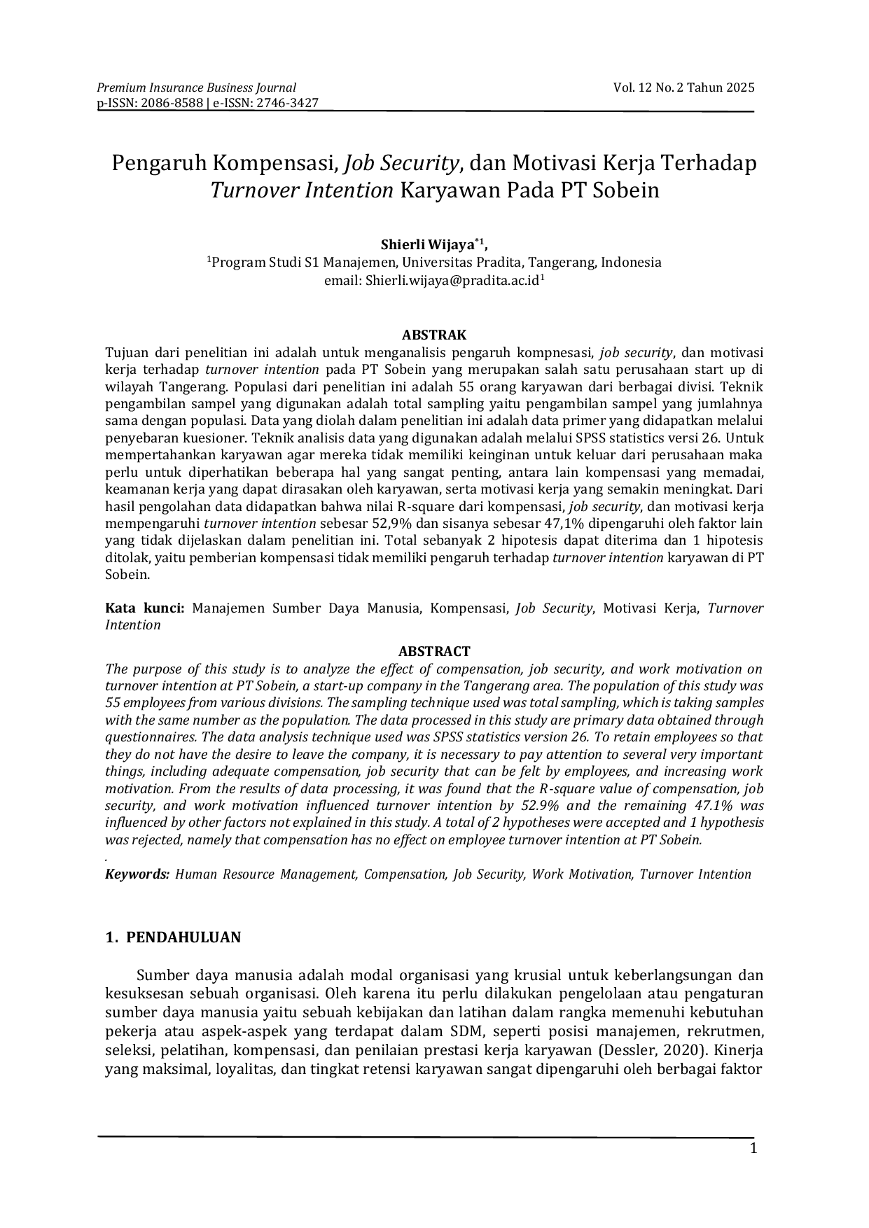 JURIS Pengaruh Kompensasi Job Security dan Motivasi Kerja Terhadap Turnover Intention Karyawan Pada PT Sobein