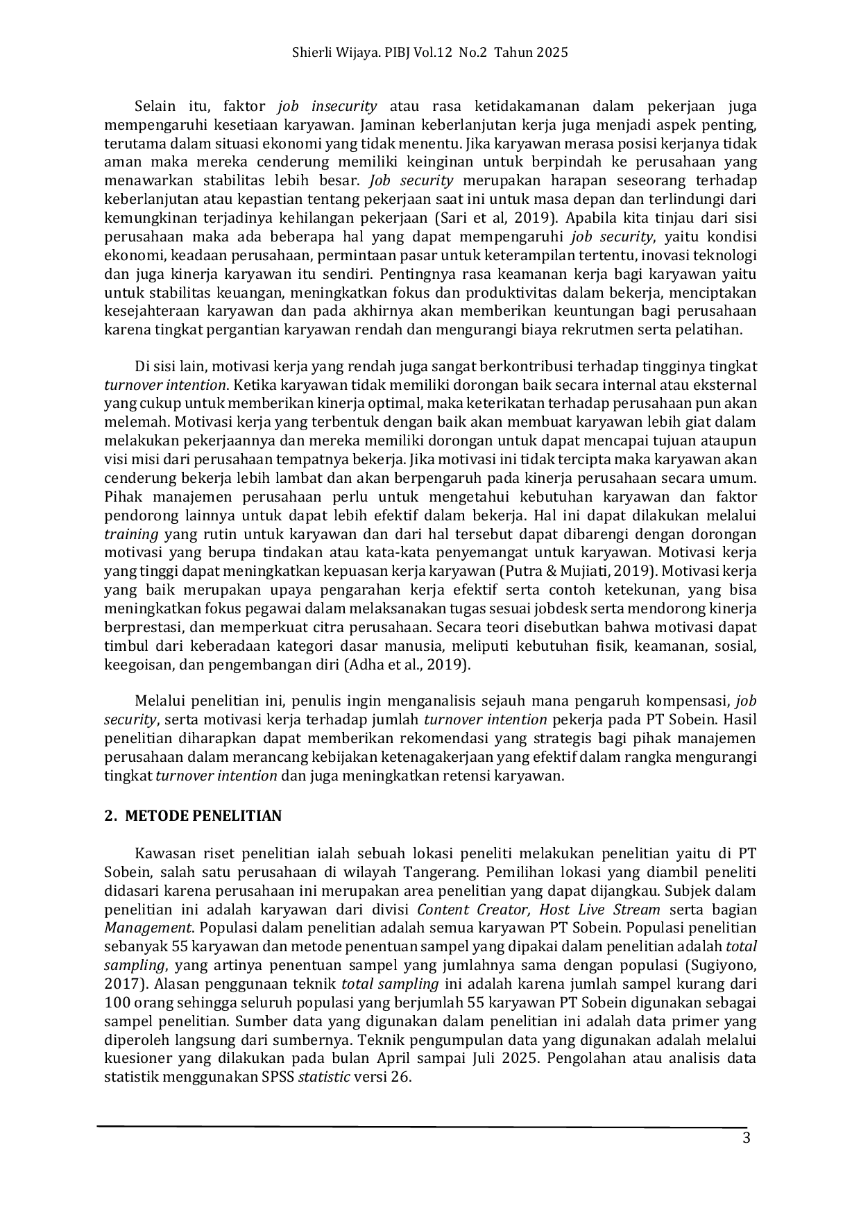 JURIS Pengaruh Kompensasi Job Security dan Motivasi Kerja Terhadap Turnover Intention Karyawan Pada PT Sobein