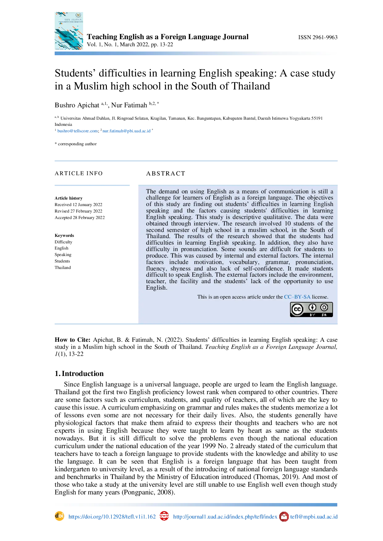JURIS Students difficulties in learning English speaking A case study in a Muslim high school in the South of Thailand