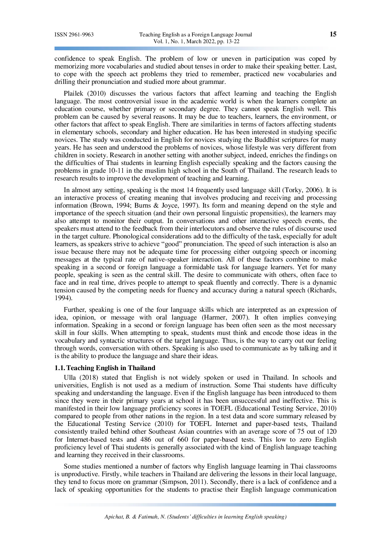 JURIS Students difficulties in learning English speaking A case study in a Muslim high school in the South of Thailand