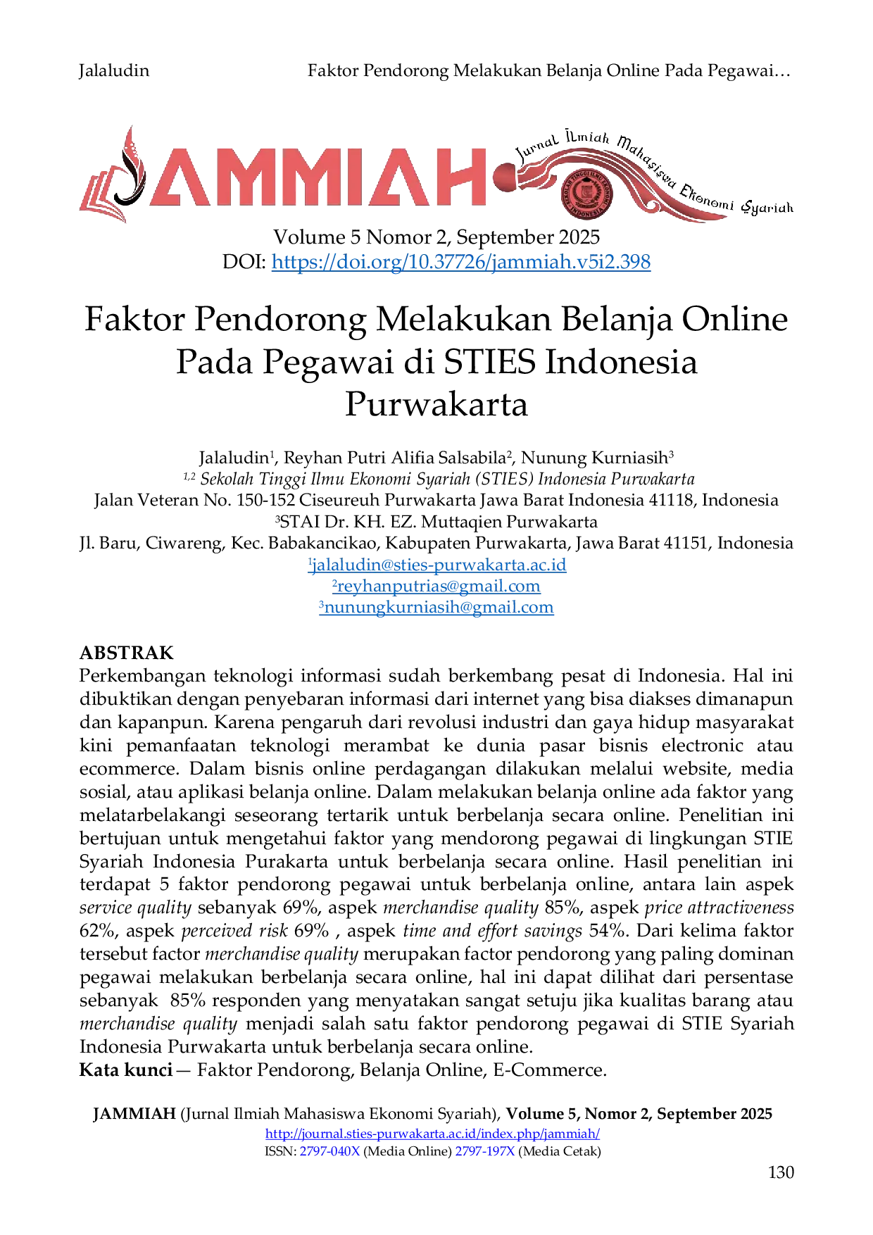 JURIS Faktor Pendorong Melakukan Belanja Online Pada Pegawai di STIES Indonesia Purwakarta