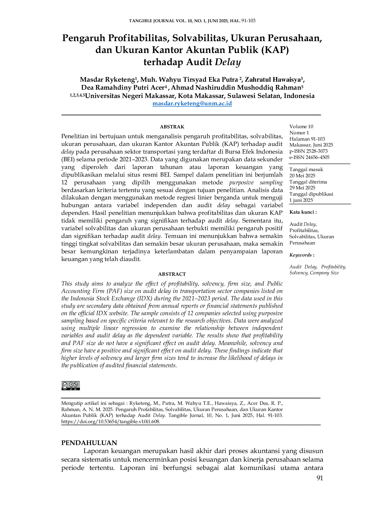 JURIS Pengaruh Profitabilitas Solvabilitas Ukuran Perusahaan Dan Ukuran Kantor Akuntan Publik KAP Terhadap Audit Delay