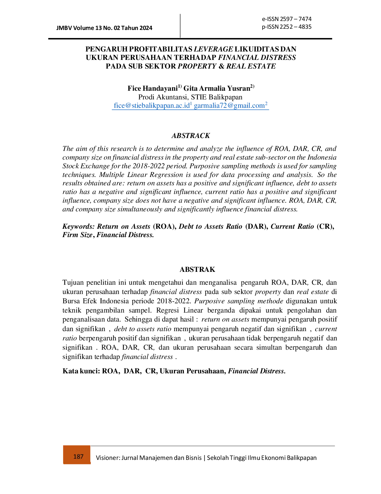 juris Pengaruh Profitabilitas Leverage Likuiditas dan Ukuran Perusahaan Terhadap Financial Distress Pada Sub Sektor Property Real Estate