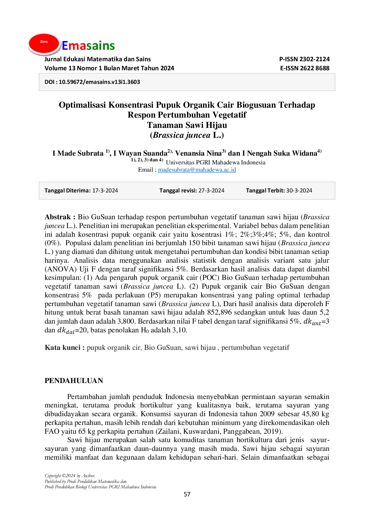 JURIS OPTIMALISASI KONSENTRASI PUPUK ORGANIK CAIR BIOGUSUAN TERHADAP RESPON PERTUMBUHAN VEGETATIF TANAMAN SAWI HIJAU Brassica juncea L