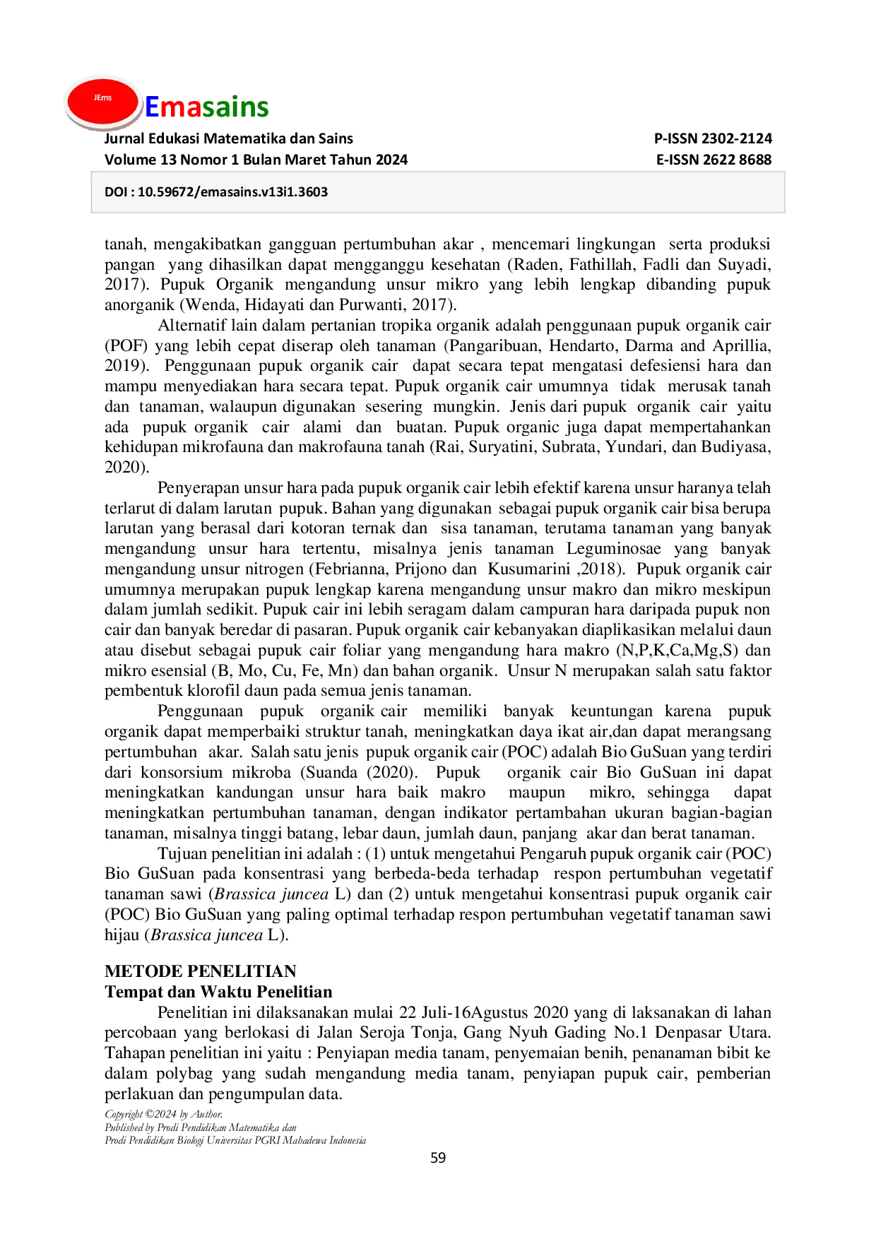 JURIS OPTIMALISASI KONSENTRASI PUPUK ORGANIK CAIR BIOGUSUAN TERHADAP RESPON PERTUMBUHAN VEGETATIF TANAMAN SAWI HIJAU Brassica juncea L