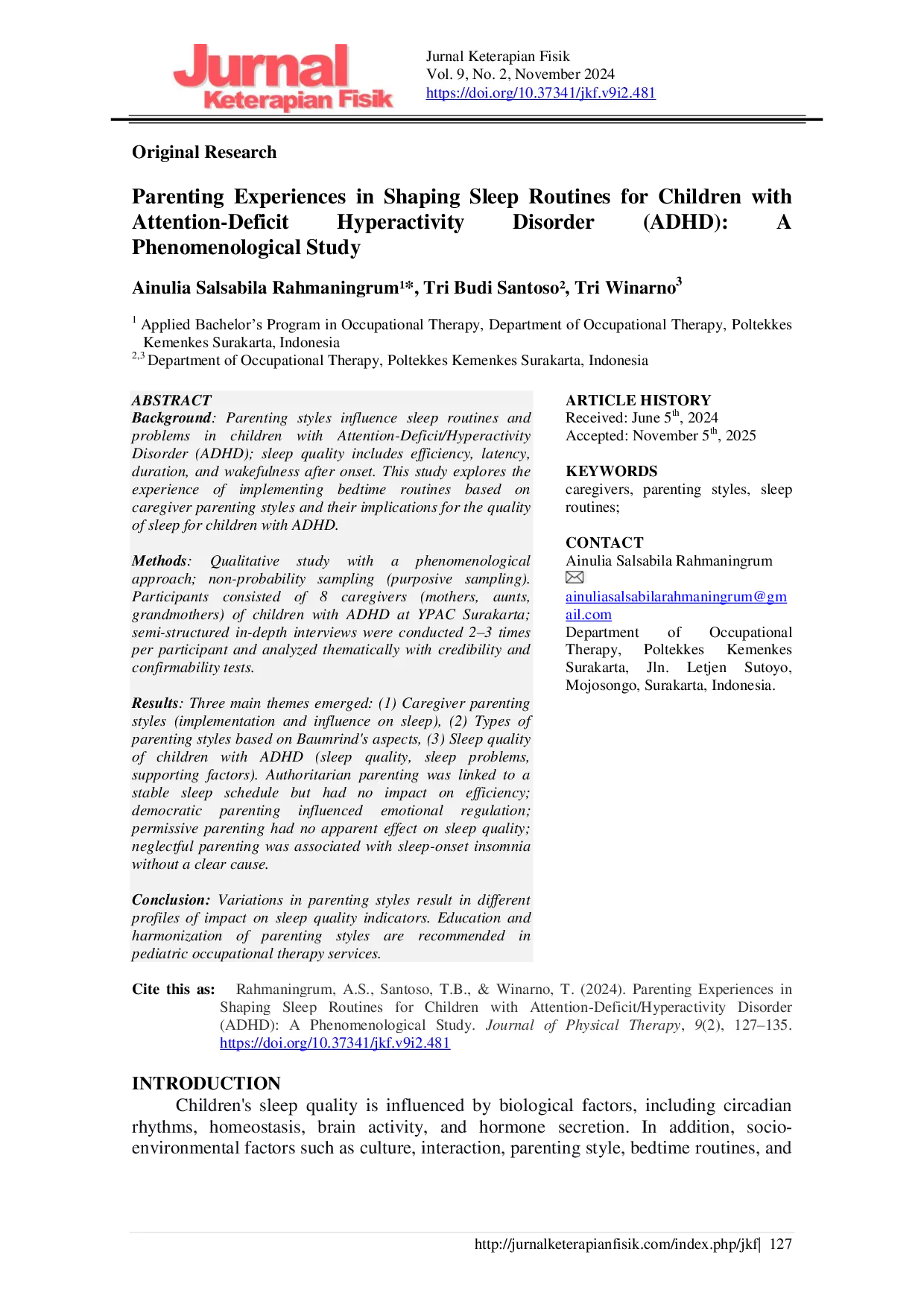 JURIS Parenting Experiences in Shaping Sleep Routines for Children with Attention Deficit Hyperactivity Disorder ADHD A Phenomenological Study