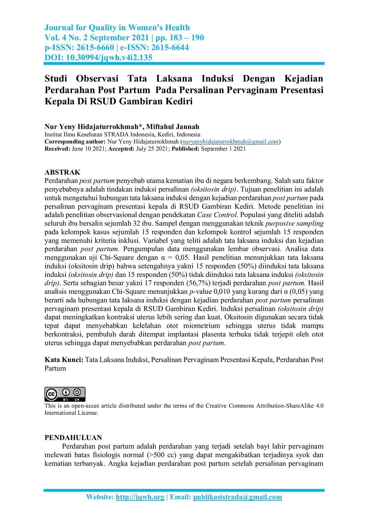 JURIS Studi Observasi Tata Laksana Induksi Dengan Kejadian Perdarahan Post Partum Pada Persalinan Pervaginam Presentasi Kepala Di RSUD Gambiran Kediri