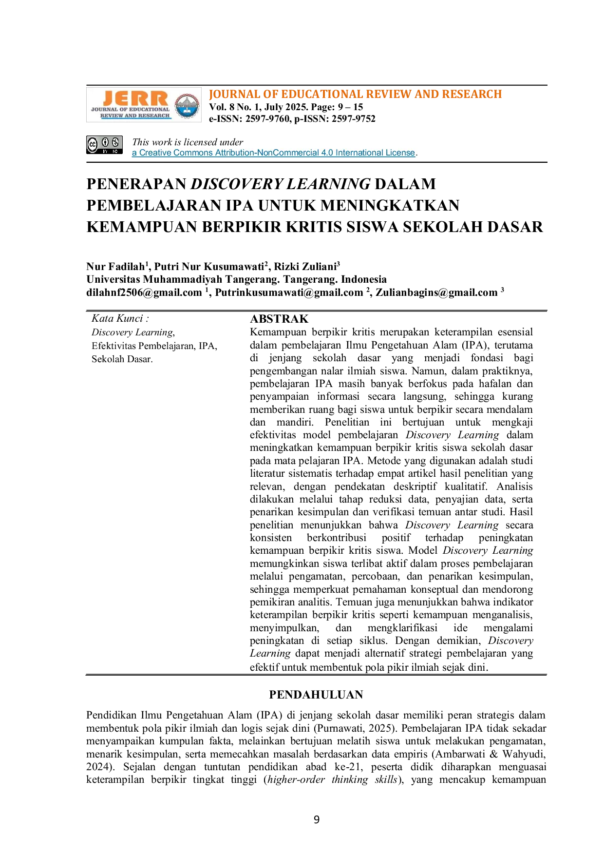 JURIS Penerapan Discovery Learning Dalam Pembelajaran IPA Untuk Meningkatkan Kemampuan Berpikir Kritis Siswa Sekolah Dasar