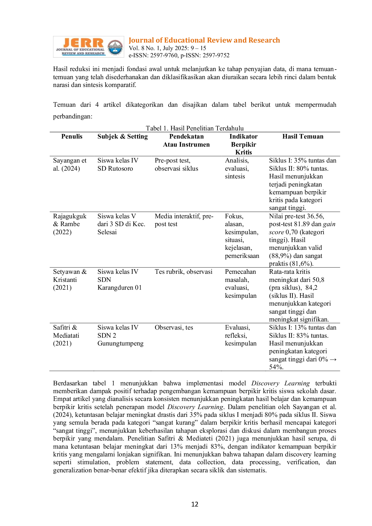 JURIS Penerapan Discovery Learning Dalam Pembelajaran IPA Untuk Meningkatkan Kemampuan Berpikir Kritis Siswa Sekolah Dasar