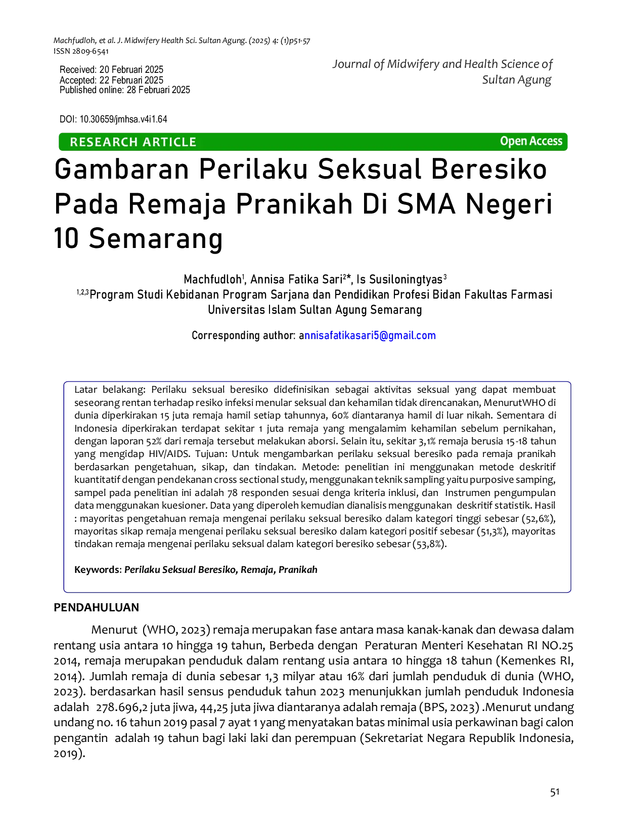 JURIS Gambaran Perilaku Seksual Beresiko Pada Remaja Pranikah Di SMA Negeri 10 Semarang