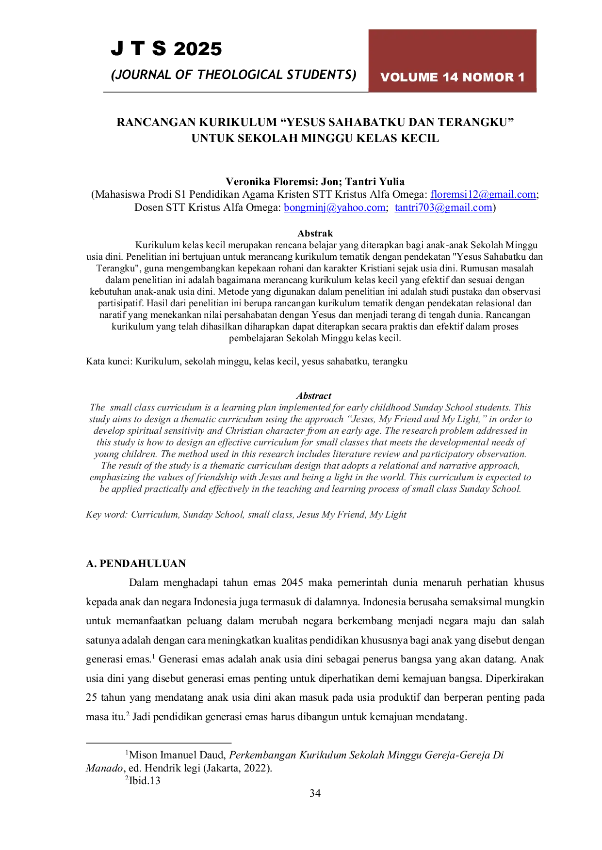 JURIS Rancangan Kurikulum Yesus Sahabatku Dan Terangku Untuk Sekolah Minggu Kelas Kecil