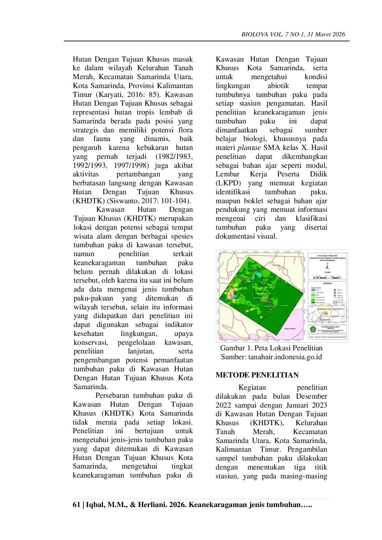 JURIS Keanekaragaman Tumbuhan Paku di Kawasan Hutan Dengan Tujuan Khusus KHDTK Kota Samarinda Provinsi Kalimantan Timur