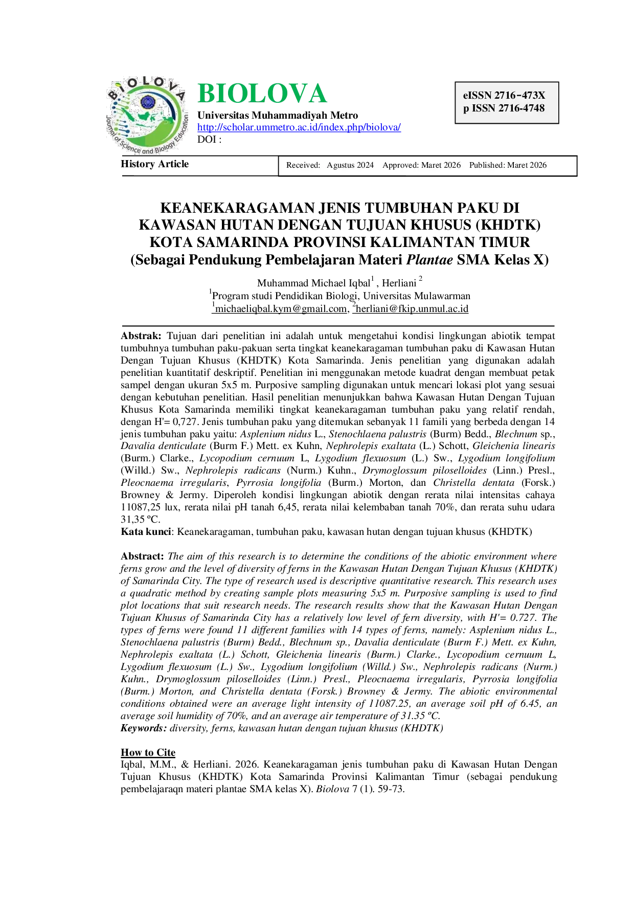 JURIS Keanekaragaman Tumbuhan Paku di Kawasan Hutan Dengan Tujuan Khusus KHDTK Kota Samarinda Provinsi Kalimantan Timur
