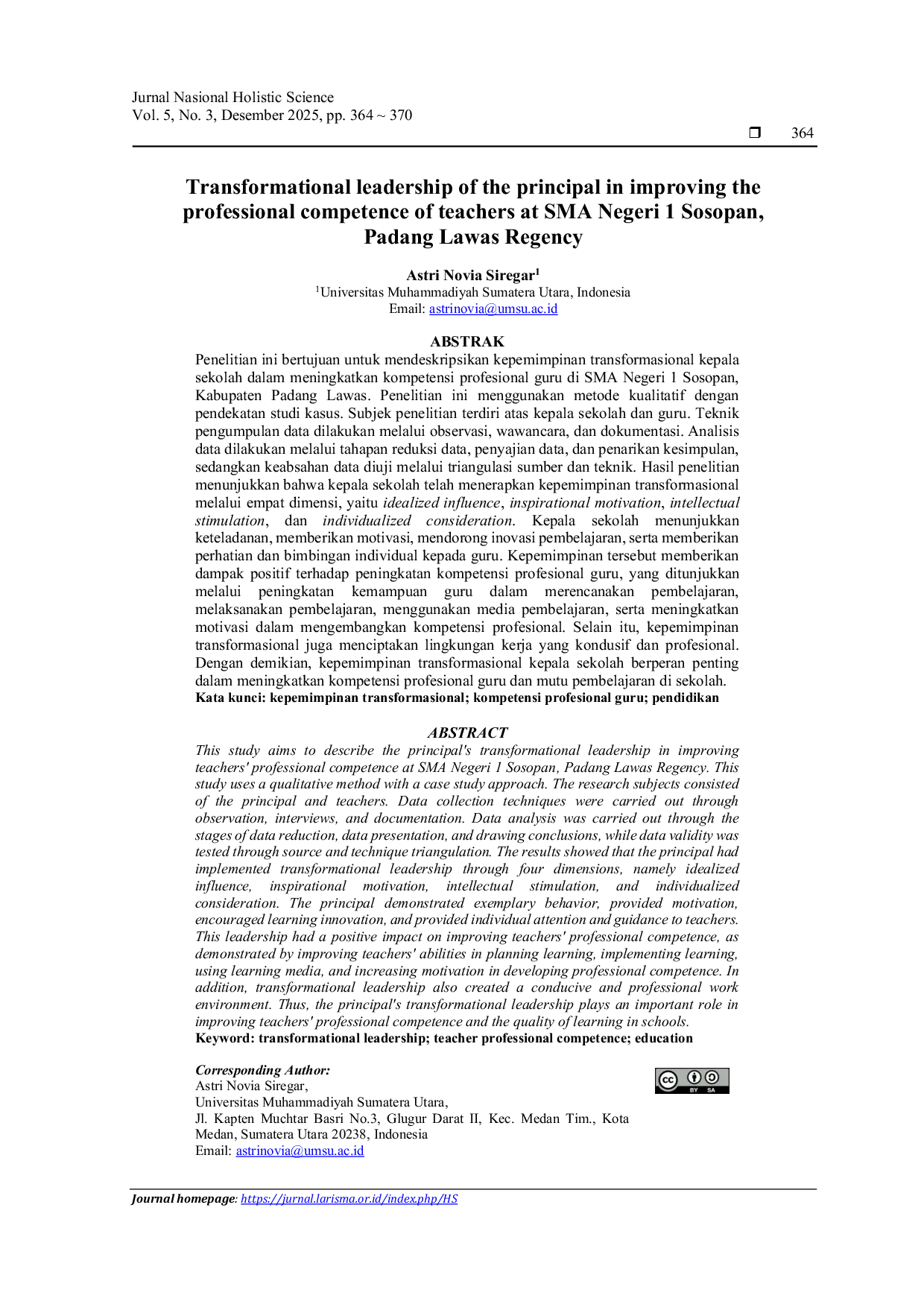 JURIS Transformational leadership of the principal in improving the professional competence of teachers at SMA Negeri 1 Sosopan Padang Lawas Regency