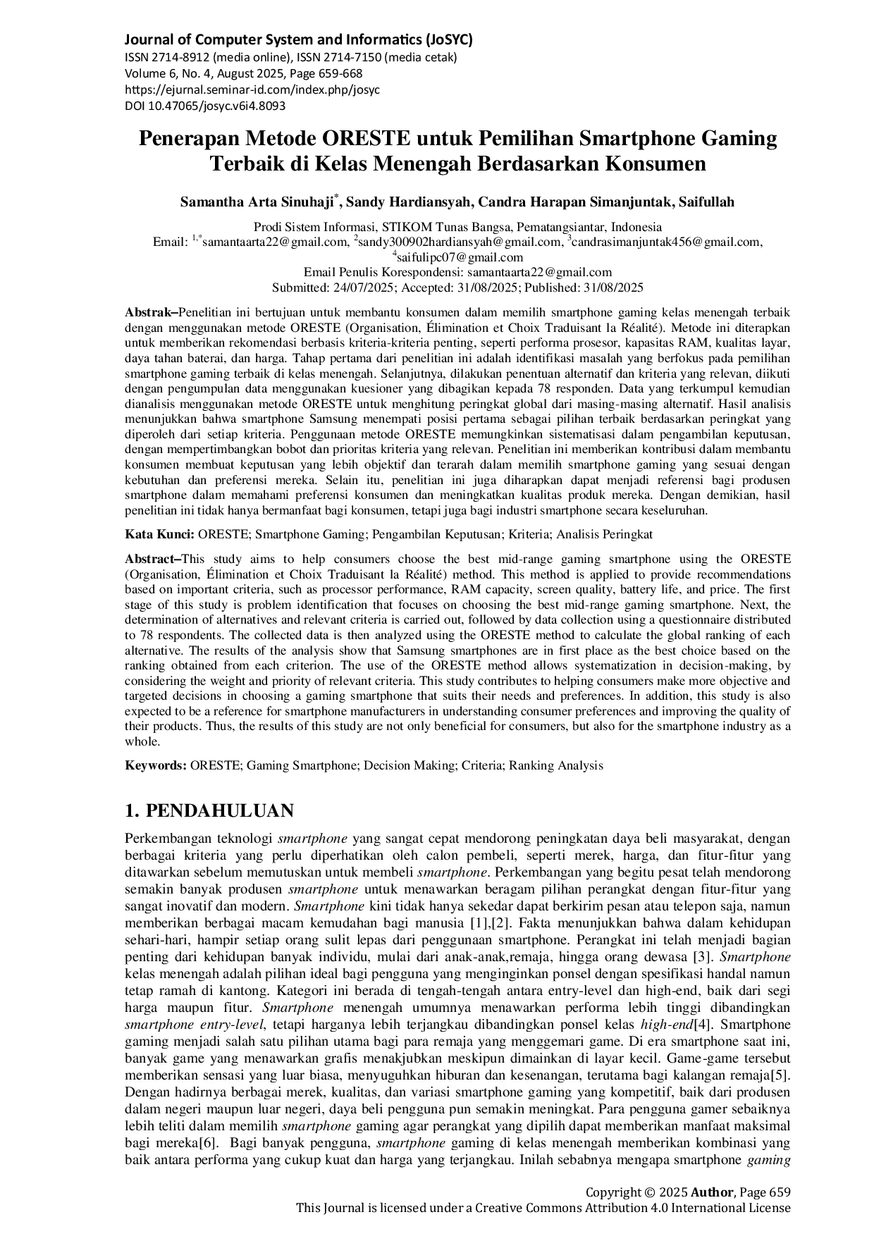 JURIS Penerapan Metode ORESTE untuk Pemilihan Smartphone Gaming Terbaik di Kelas Menengah Berdasarkan Konsumen