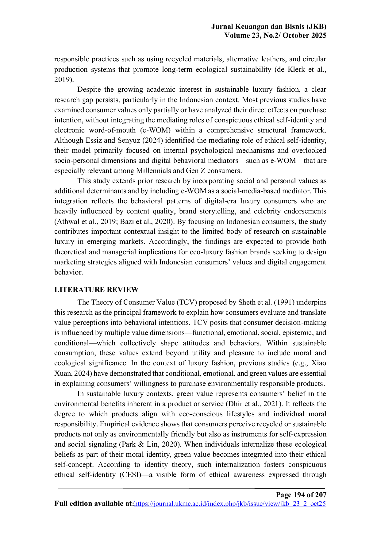 JURIS Exploring How E Wom and Ethical Self Identity Mediate the Impact of Consumer Values on Green Luxury Fashion Purchase Intention