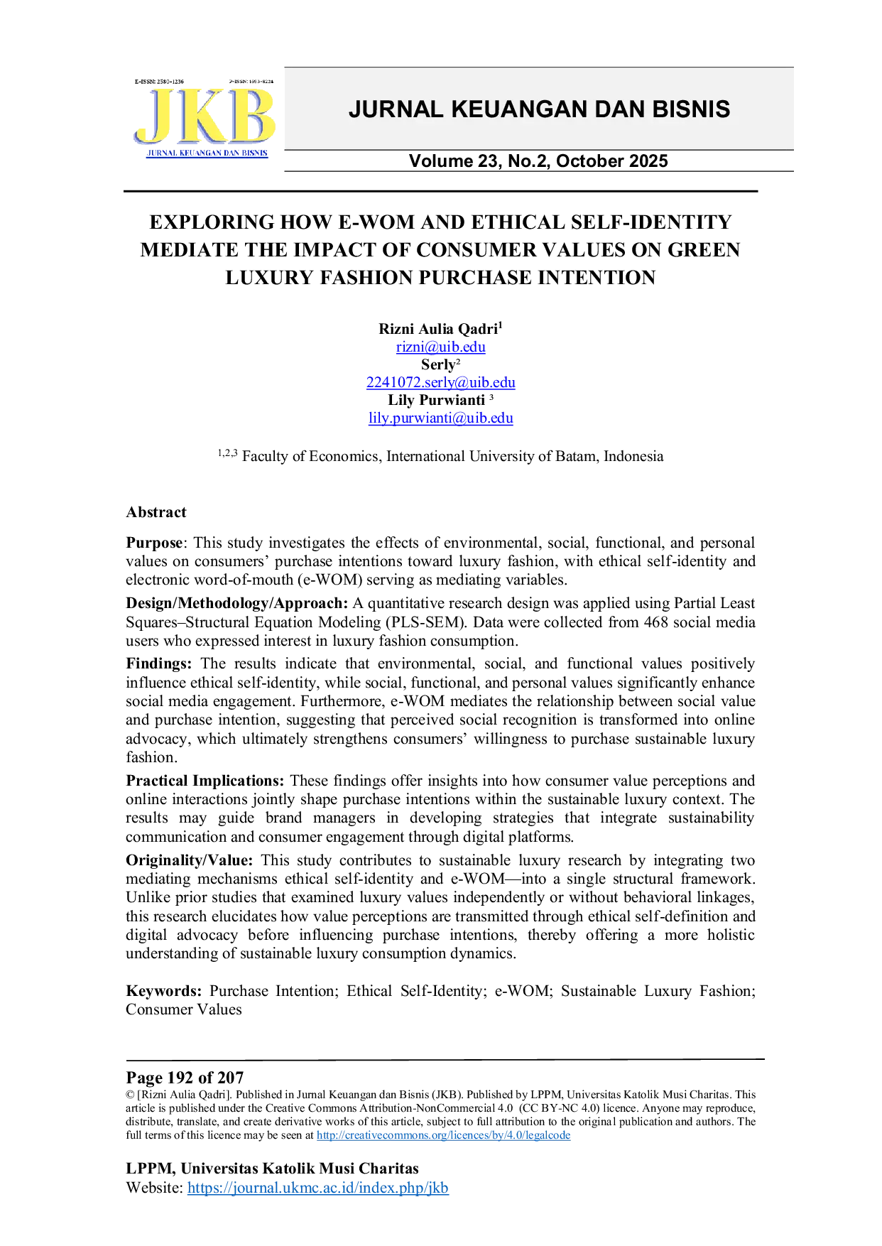 JURIS Exploring How E Wom and Ethical Self Identity Mediate the Impact of Consumer Values on Green Luxury Fashion Purchase Intention