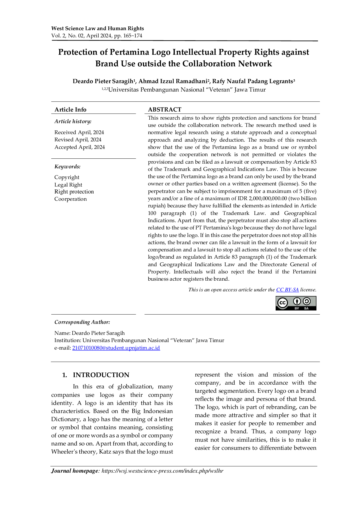 JURIS Protection of Pertamina Logo Intellectual Property Rights against Brand Use outside the Collaboration Network
