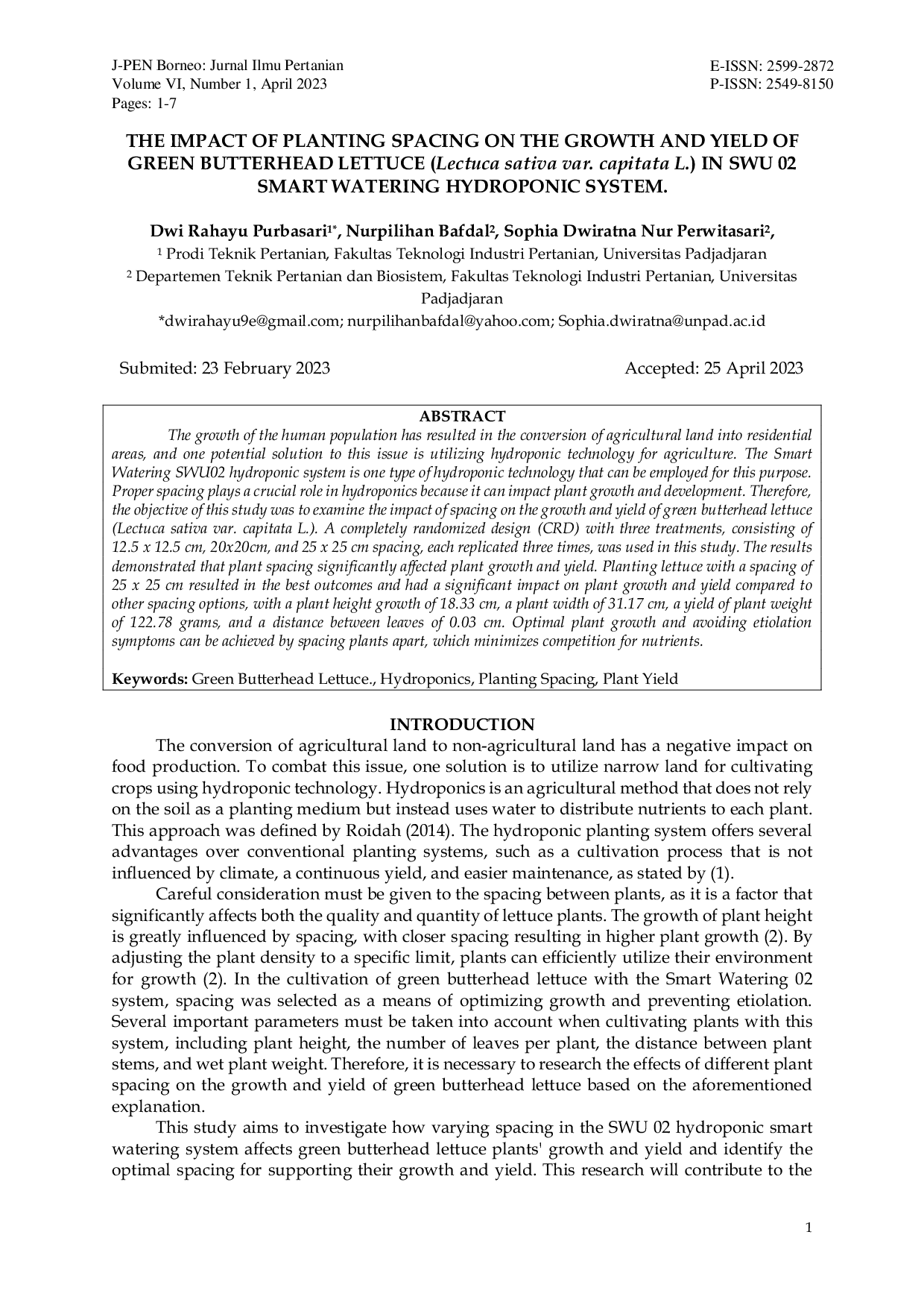 JURIS THE IMPACT OF PLANTING SPACING ON THE GROWTH AND YIELD OF GREEN BUTTERHEAD LETTUCE Lectuca sativa var capitata L IN SWU 02 SMART WATERING HYDROPONIC SYSTEM