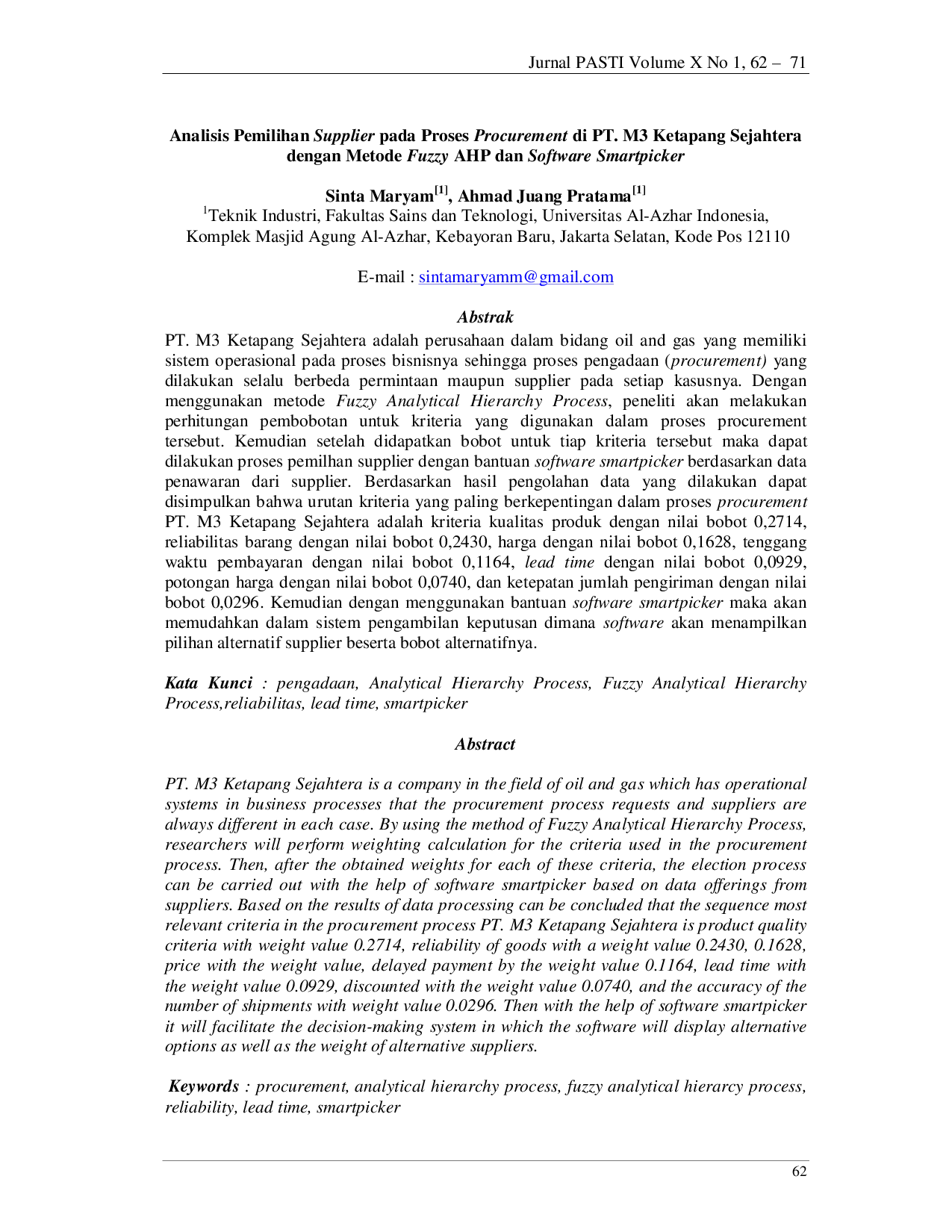 JURIS Analisis Pemilihan Supplier Pada Proses Procurement Di PT M3 Ketapang Sejahtera Dengan Metode Fuzzy AHP Dan Software Smartpicker