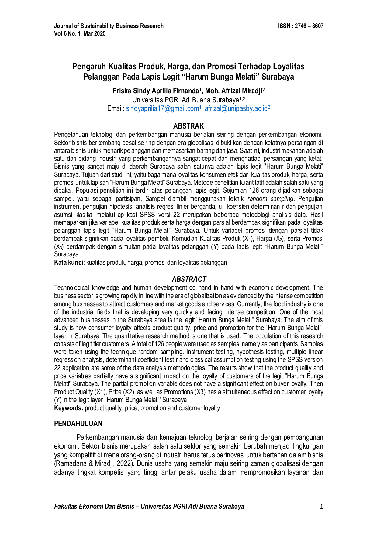 JURIS Pengaruh Kualitas Produk Harga dan Promosi Terhadap Loyalitas Pelanggan Pada Lapis Legit Harum Bunga Melati Surabaya