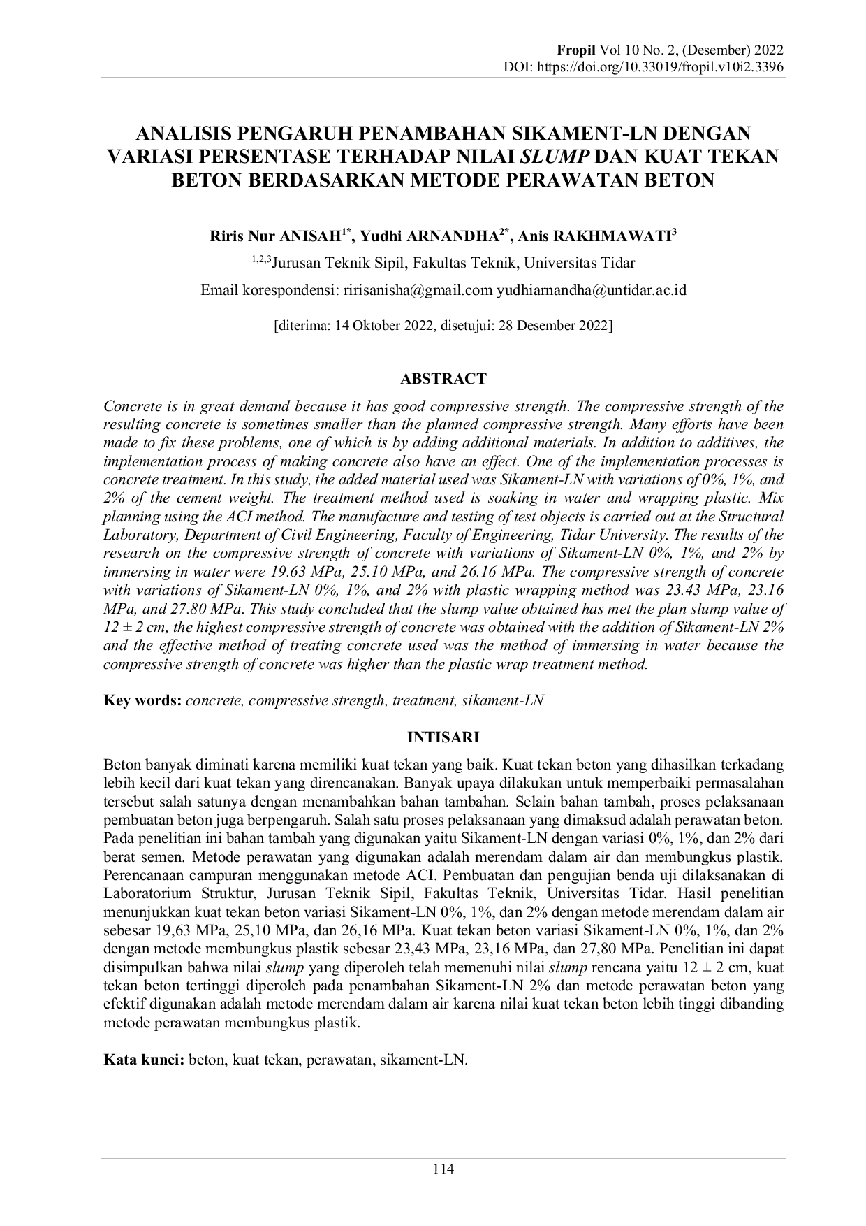 JURIS Analisis Pengaruh Penambahan Sikament LN dengan Variasi Persentase Terhadap Nilai Slump dan Kuat Tekan Beton Berdasarkan Metode Perawatan Beton