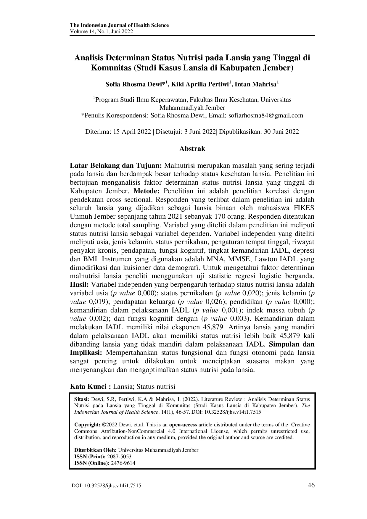 JURIS Analisis Determinan Status Nutrisi pada Lansia yang Tinggal di Komunitas Studi Kasus Lansia di Kabupaten Jember