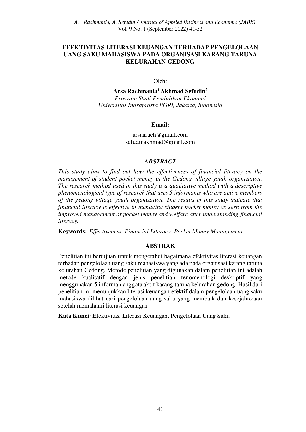 JURIS Efektivitas Literasi Keuangan Terhadap Pengelolaan Uang Saku Mahasiswa Pada Organisasi Karang Taruna Kelurahan Gedong